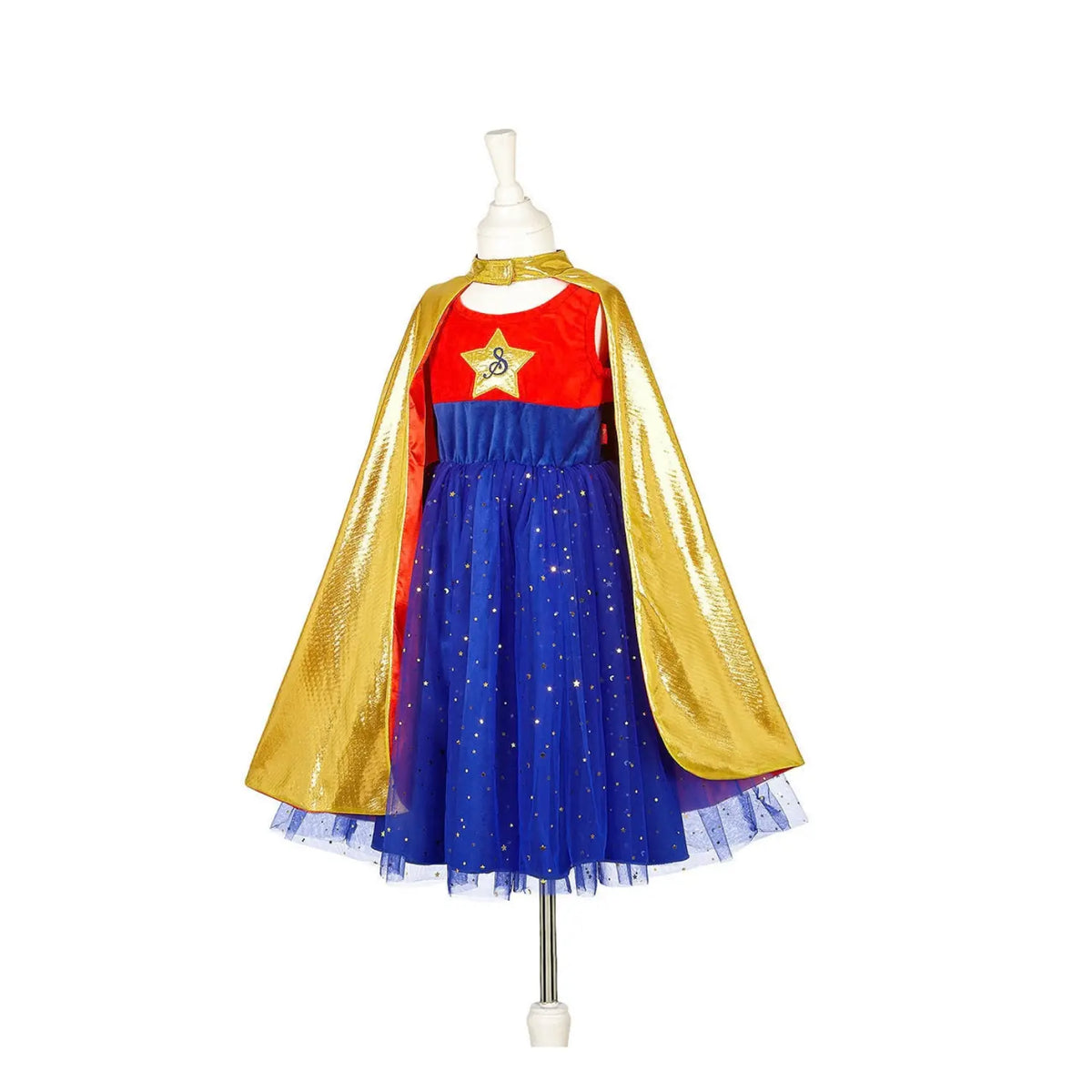 Superhero dress and cape set for kids with tulle skirt and gold cape for dress-up play