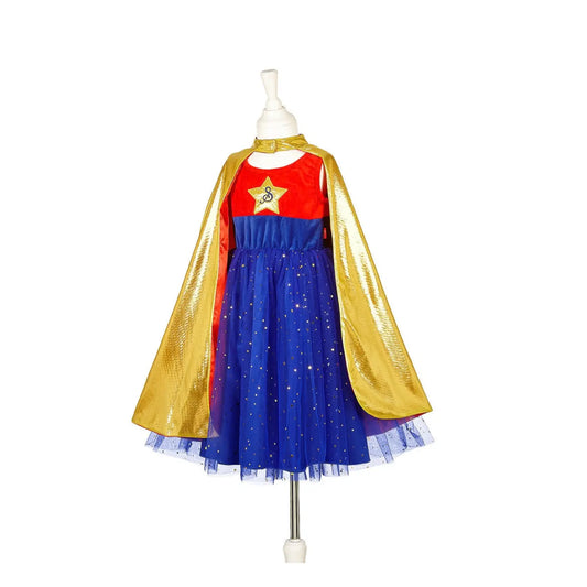 Superhero dress and cape set for kids with tulle skirt and gold cape for dress-up play