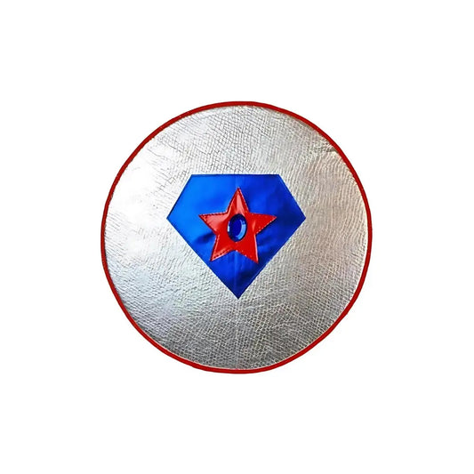 Superhero shield in silver red and blue shown as coordinating dress-up accessory