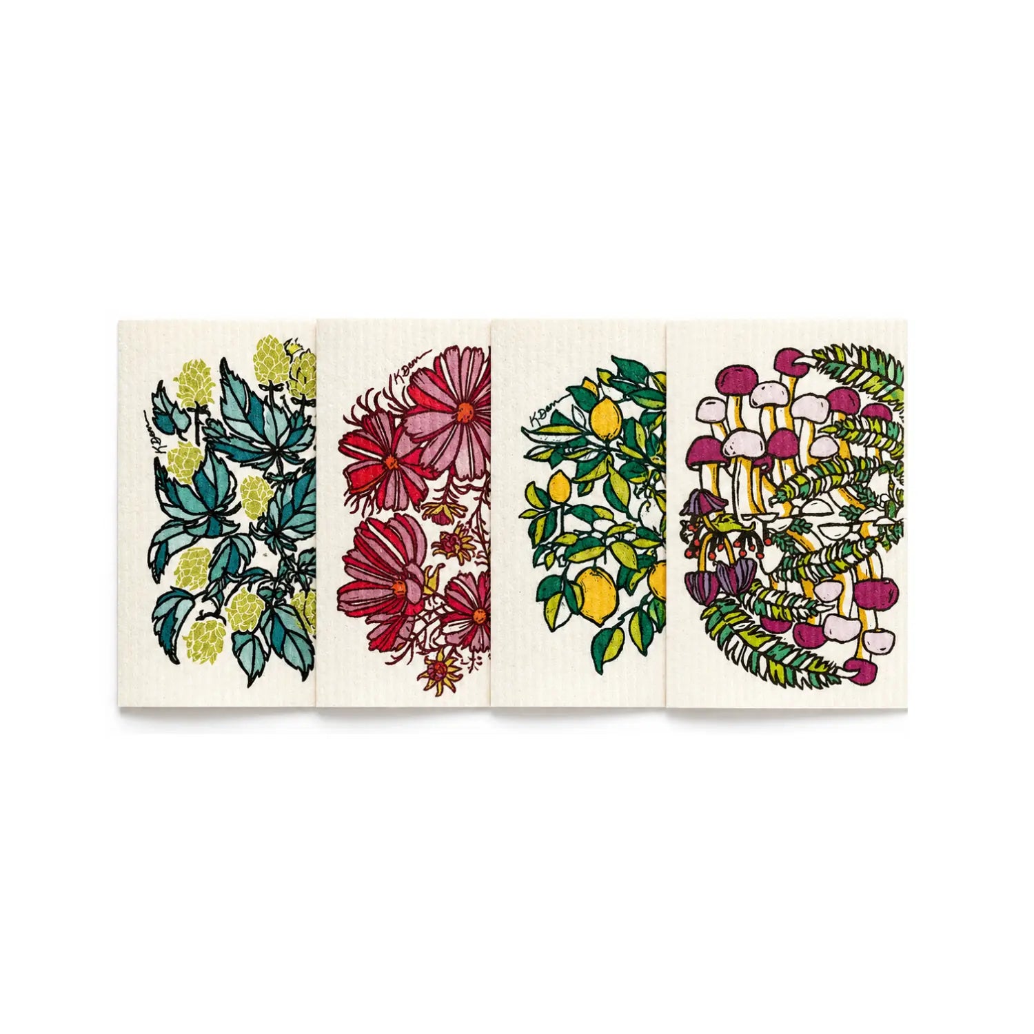 Four reusable Swedish dishcloths with hops, cosmos flowers, lemons, and mushroom artwork