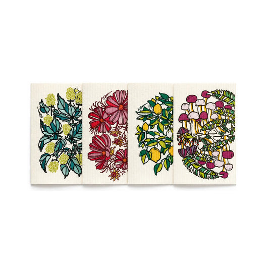 Four reusable Swedish dishcloths with hops, cosmos flowers, lemons, and mushroom artwork