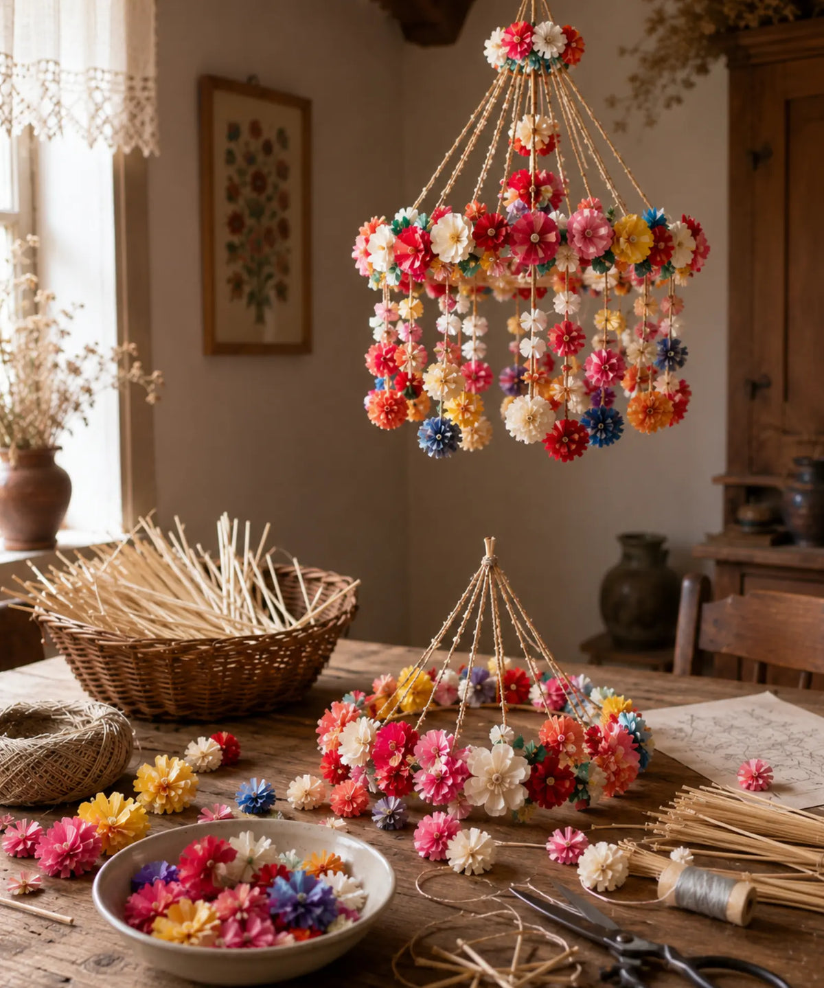Colorful floral and Swedish straw and flowers for a Polish Pejaki chandelier on a wooden table with materials and tools.