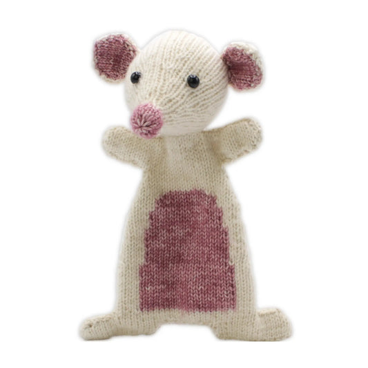 Finished sweet mouse stuffed animal made from a DIY knitting kit