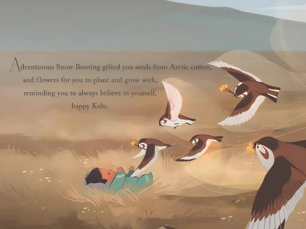 Illustration of birds with a message about believing in oneself, set against a natural landscape.