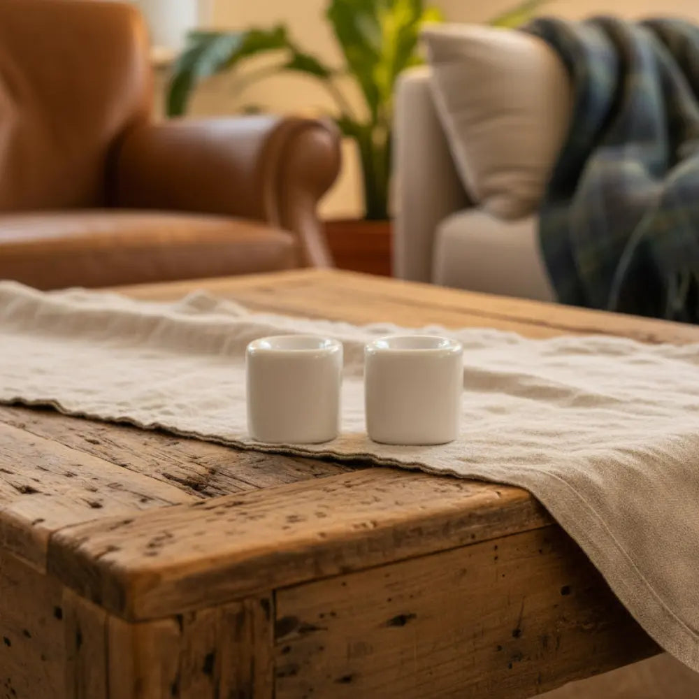 Two white ceramic taper candle holders on a rustic table in cozy room setting