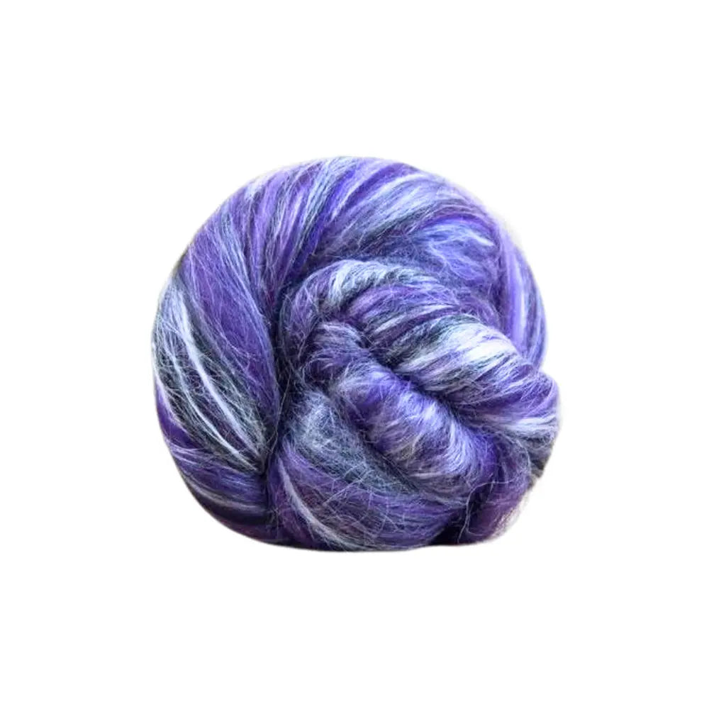 Taurus purple tonal merino and tussah silk wool top spinning fiber on white