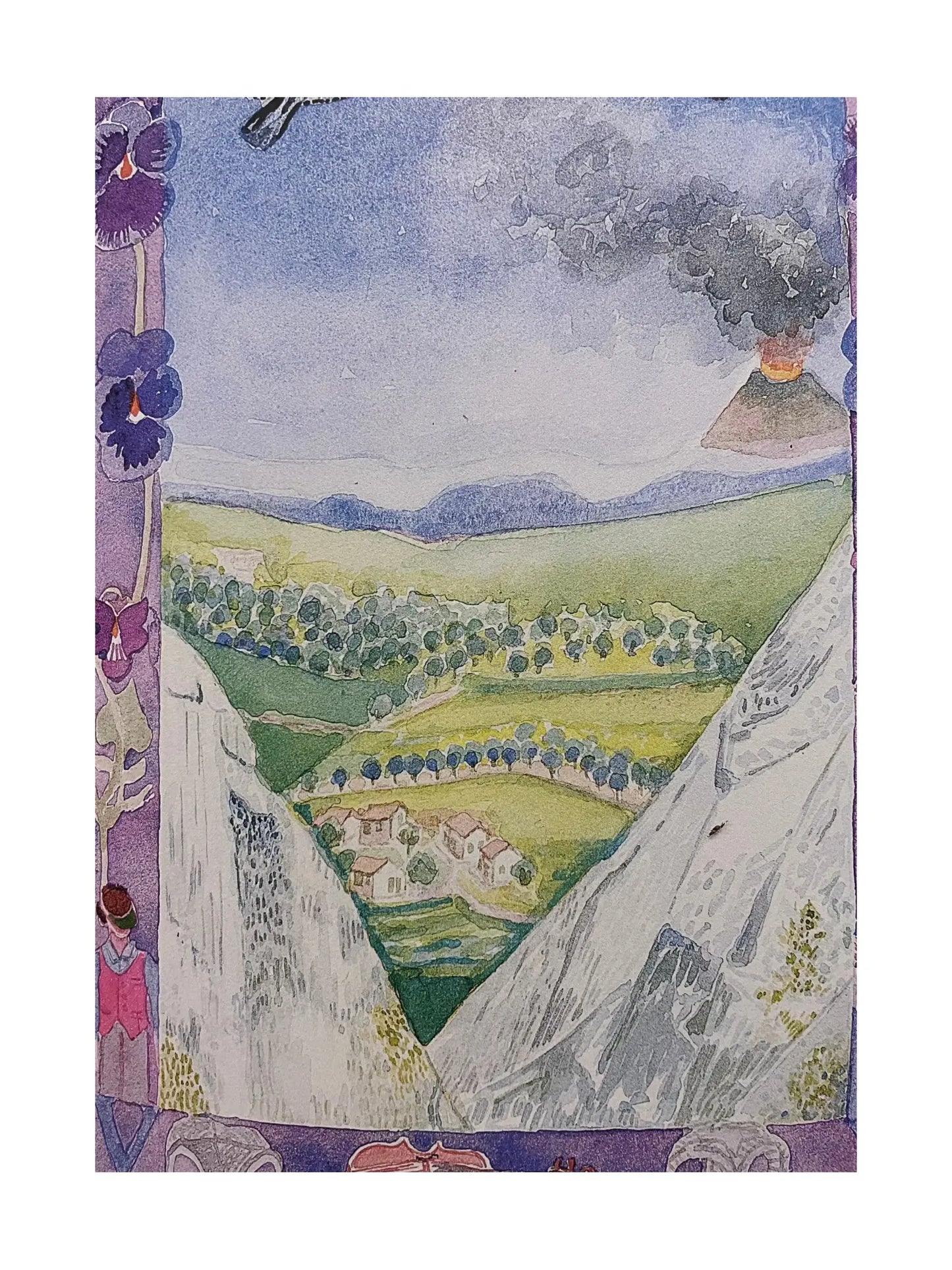 illustration of a valley in the shape of a V with a volcano and violets in the background