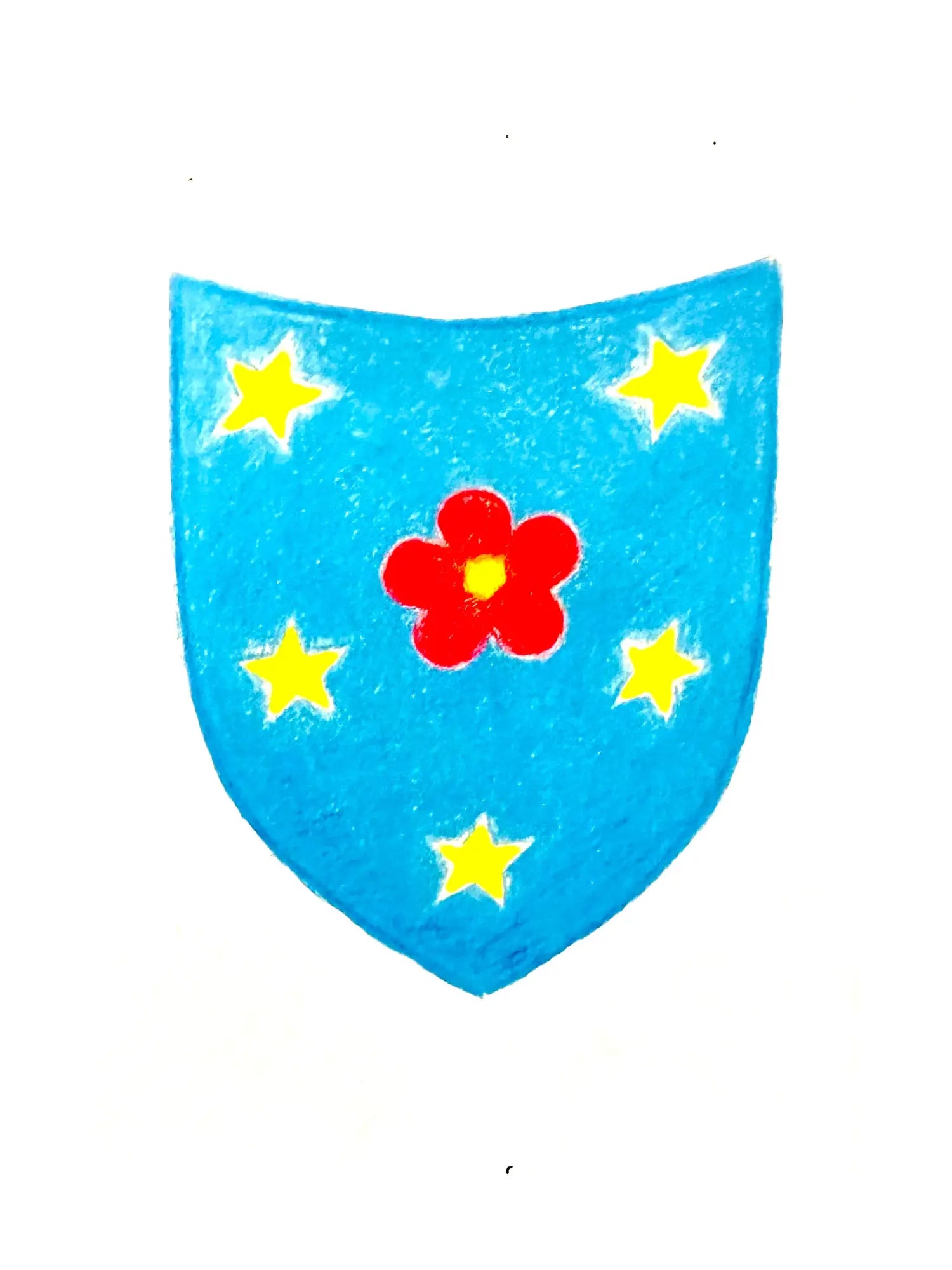Illustration of a blue shield with a five petal pink and yellow flower and five point yellow stars