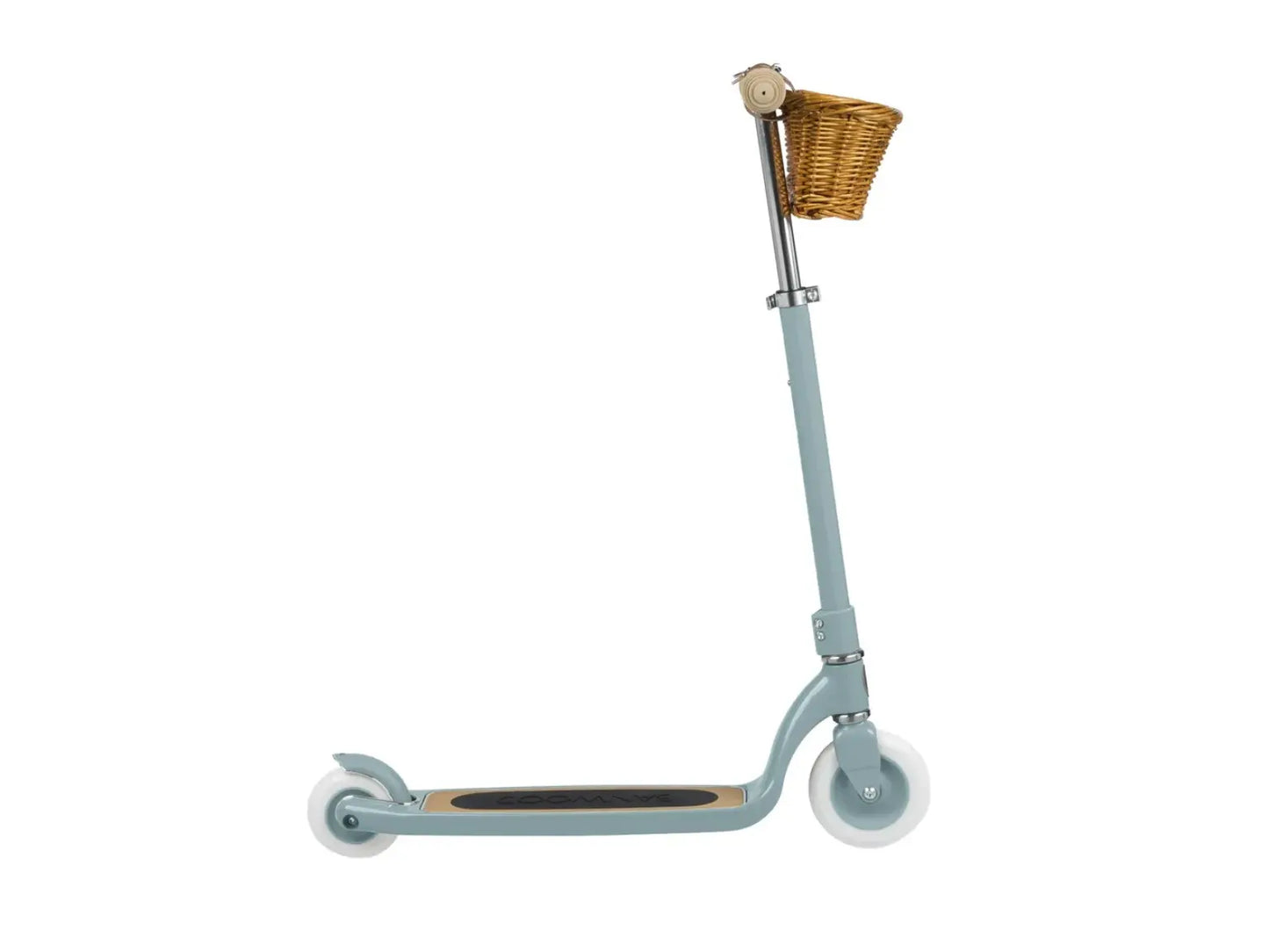 A teal Banwood scooter with a natural wicker basket on the handlebar, shown from a side profile 