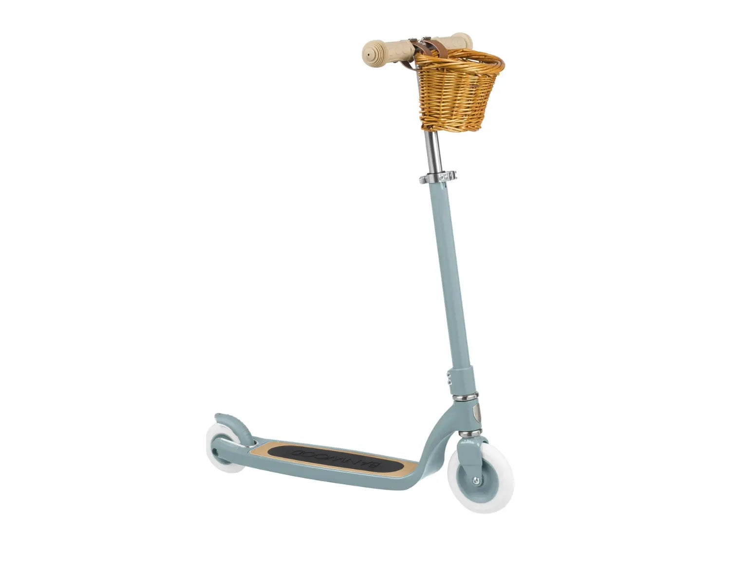 A children's kick scooter with a dusty blue teal frame, natural wood handlebar grips and deck accents