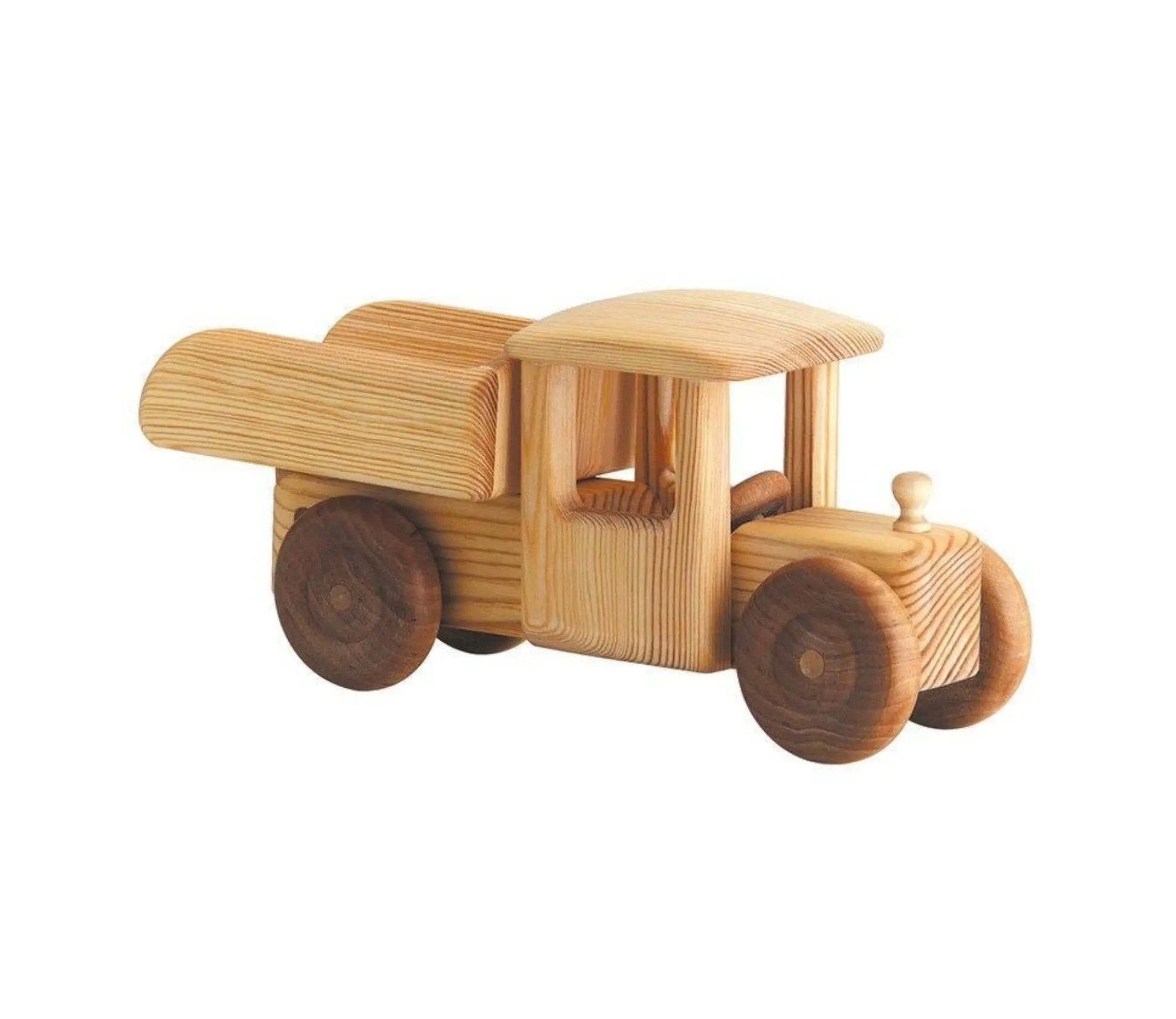 Wooden toy truck on a white background