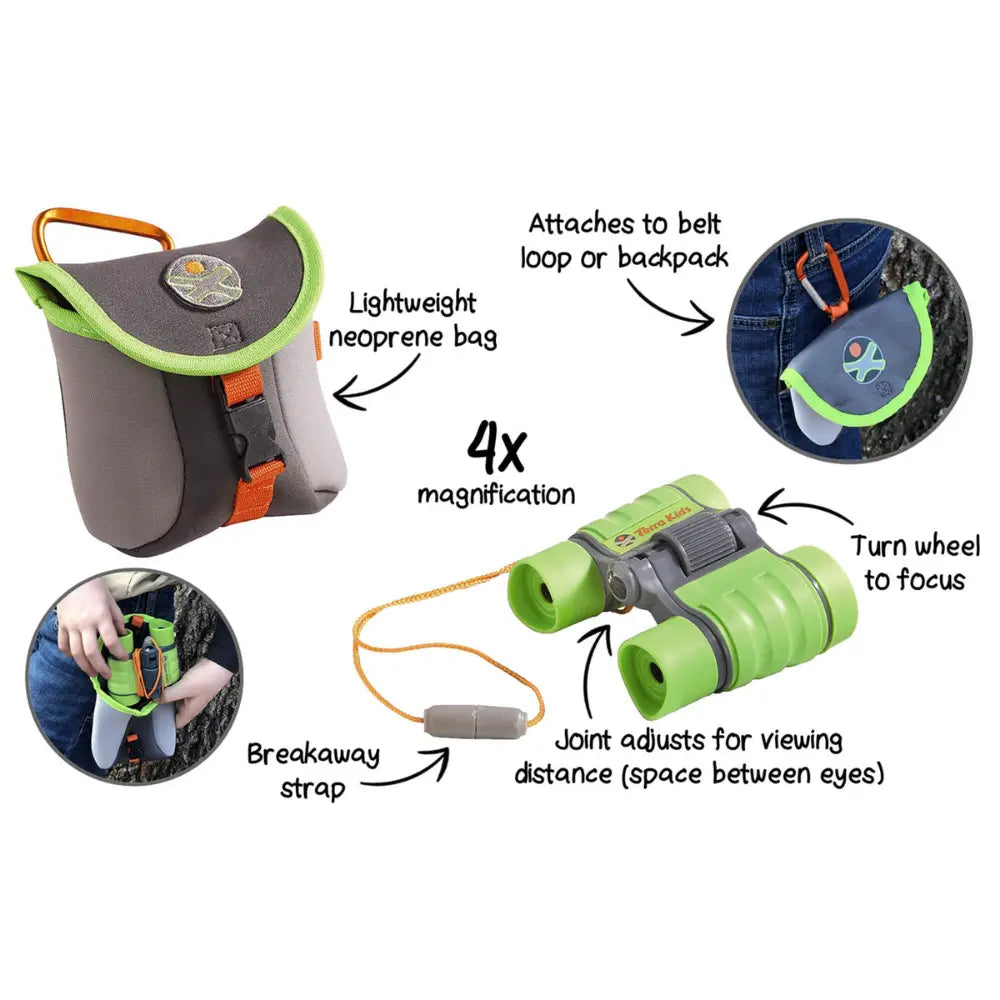 Binoculars with a neoprene bag, showing features like 4x magnification and adjustable focus.