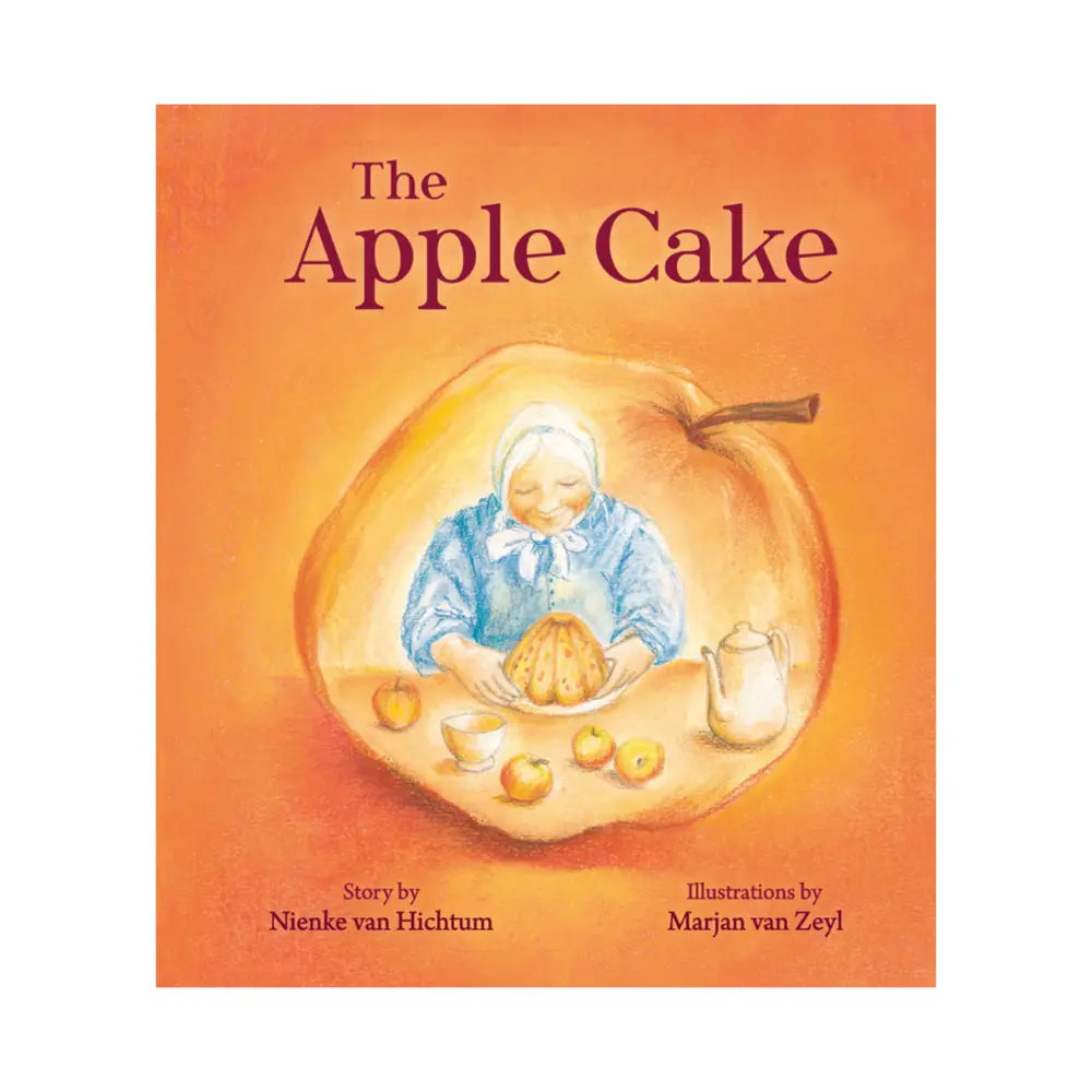 Book cover of 'The Apple Cake' with an illustration of a woman inside of an apple