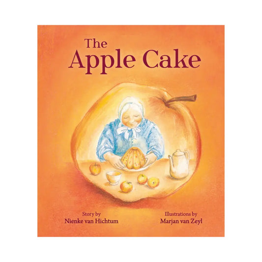 Book cover of 'The Apple Cake' with an illustration of a woman inside of an apple