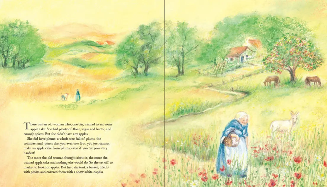 Illustrated book page with a landscape scene featuring a house, animals, and people.