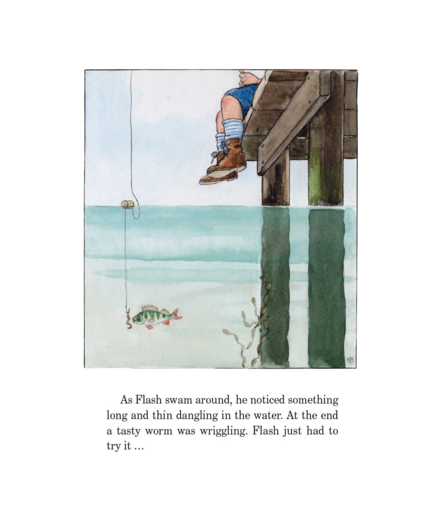 Illustration of a person fishing from a dock with a fish on a line.