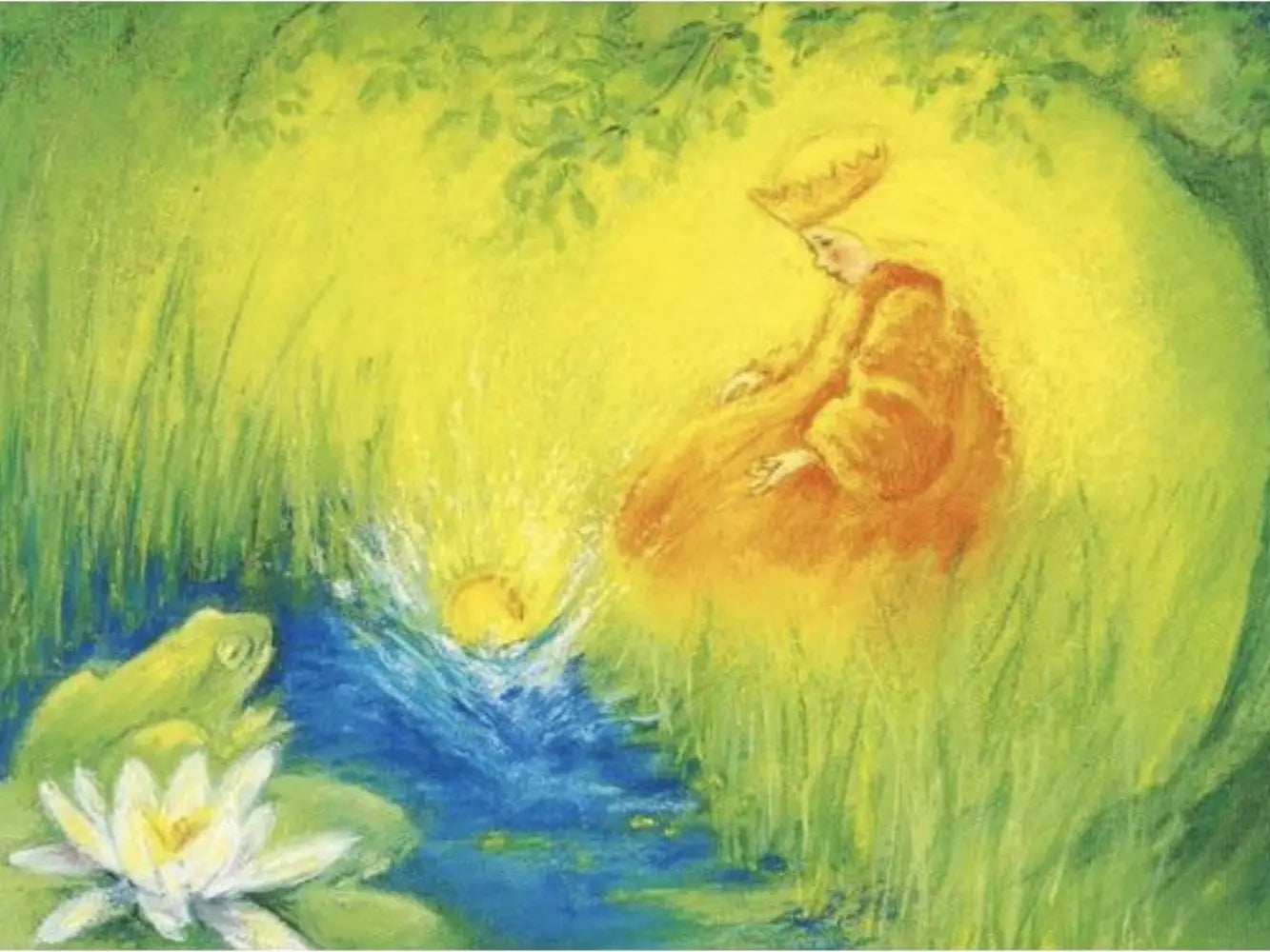 The Frog King postcard by Marjan van Zeyl featuring a frog by the pond with a golden ball and princess