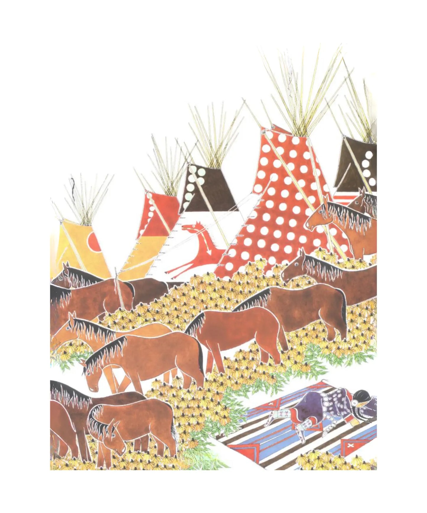 Illustration of Native American tents and horses on a white background