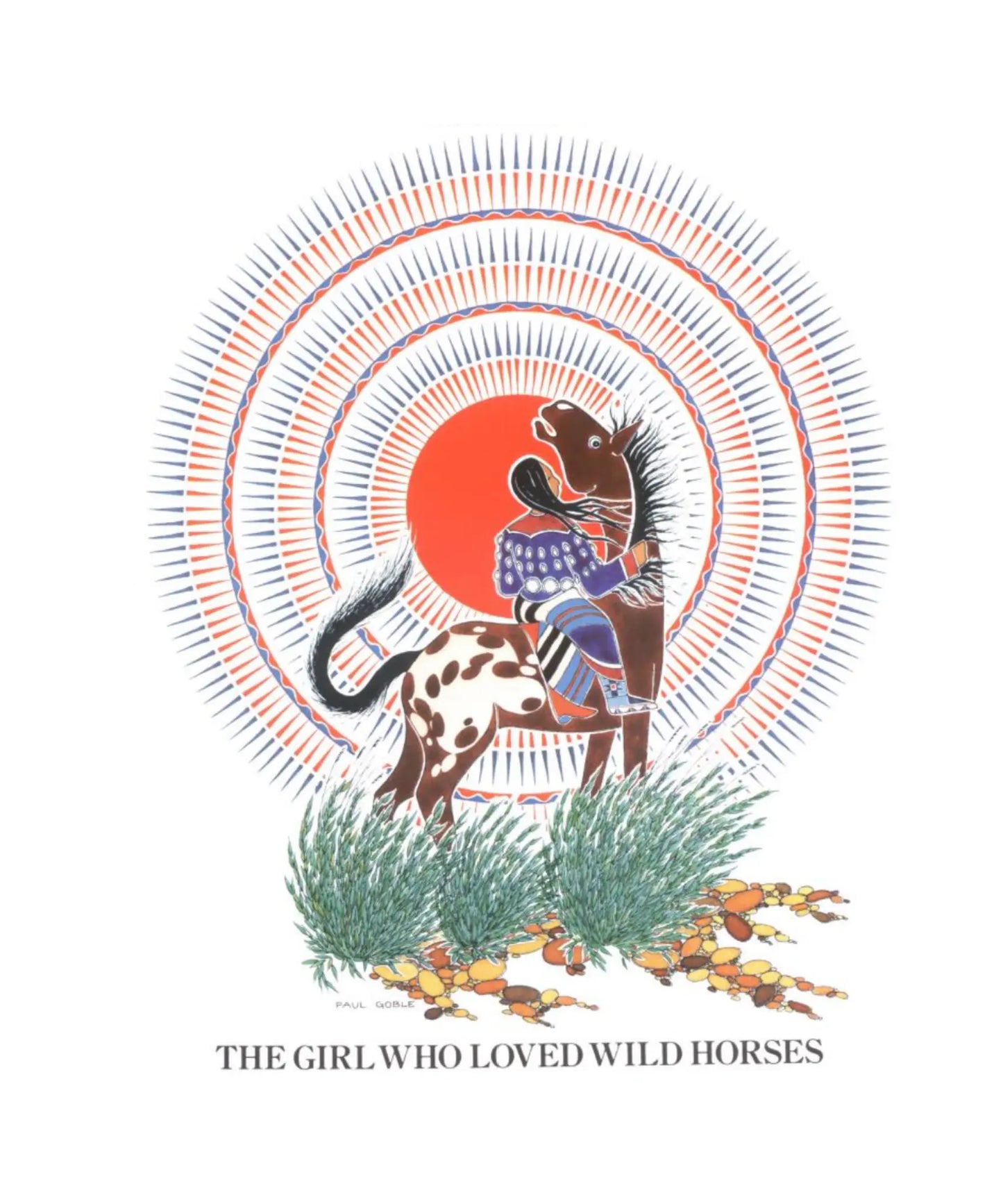 Illustration of a girl riding a horse with a circular design and text 'The Girl Who Loved Wild Horses'.