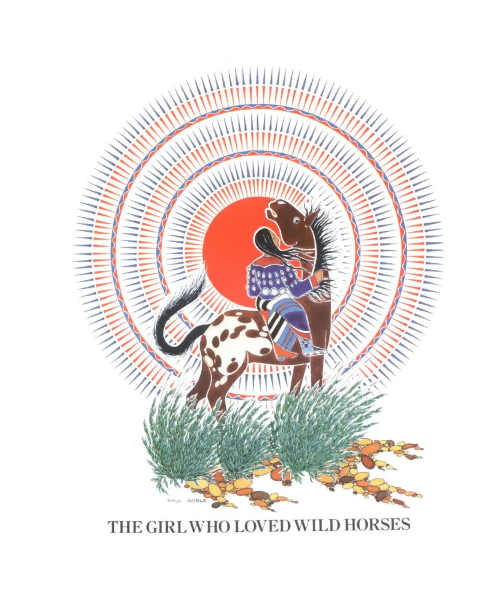Illustration of a girl riding a horse with a circular design and text 'The Girl Who Loved Wild Horses'.
