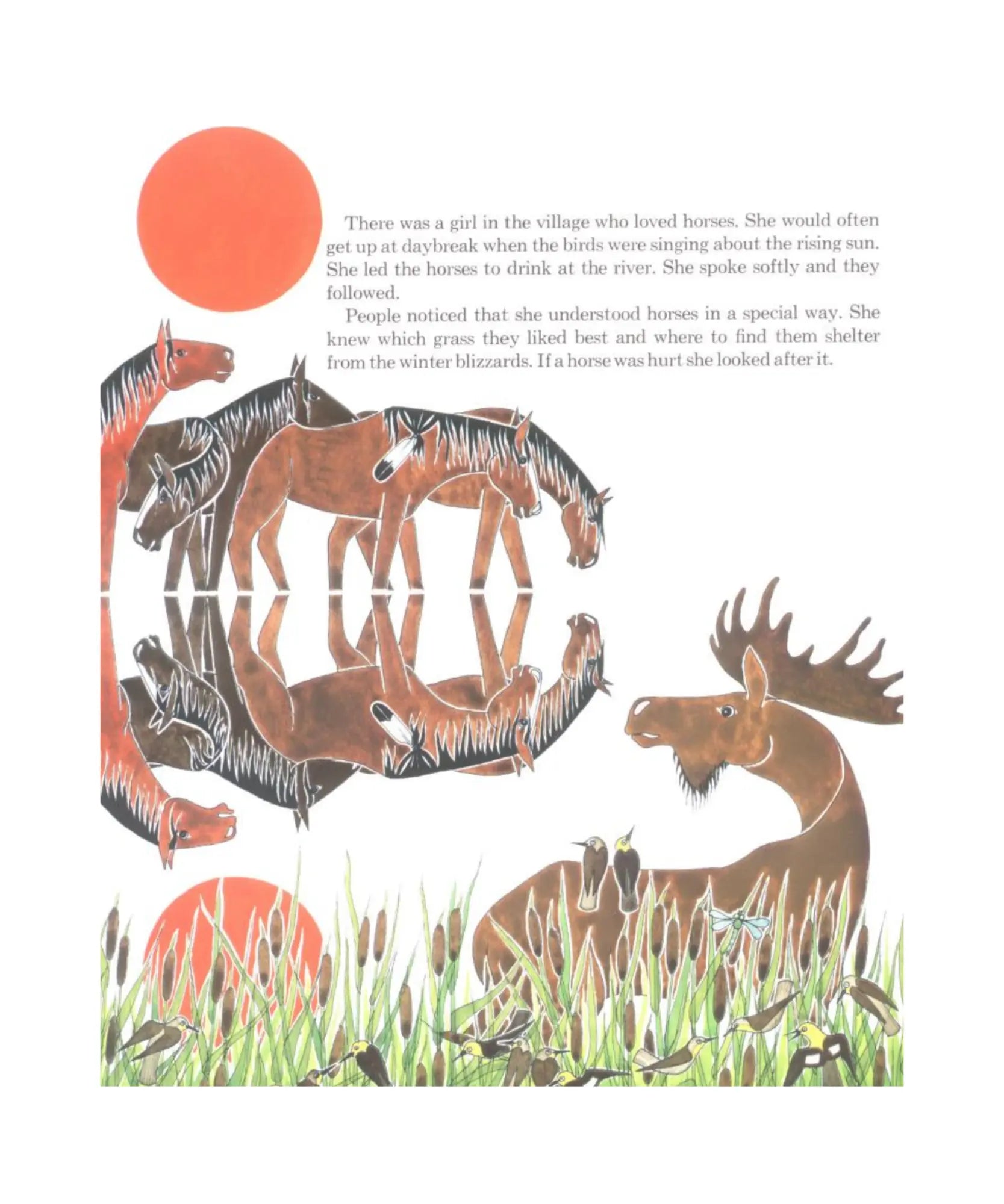 Illustration of a girl and horses with text on a white background