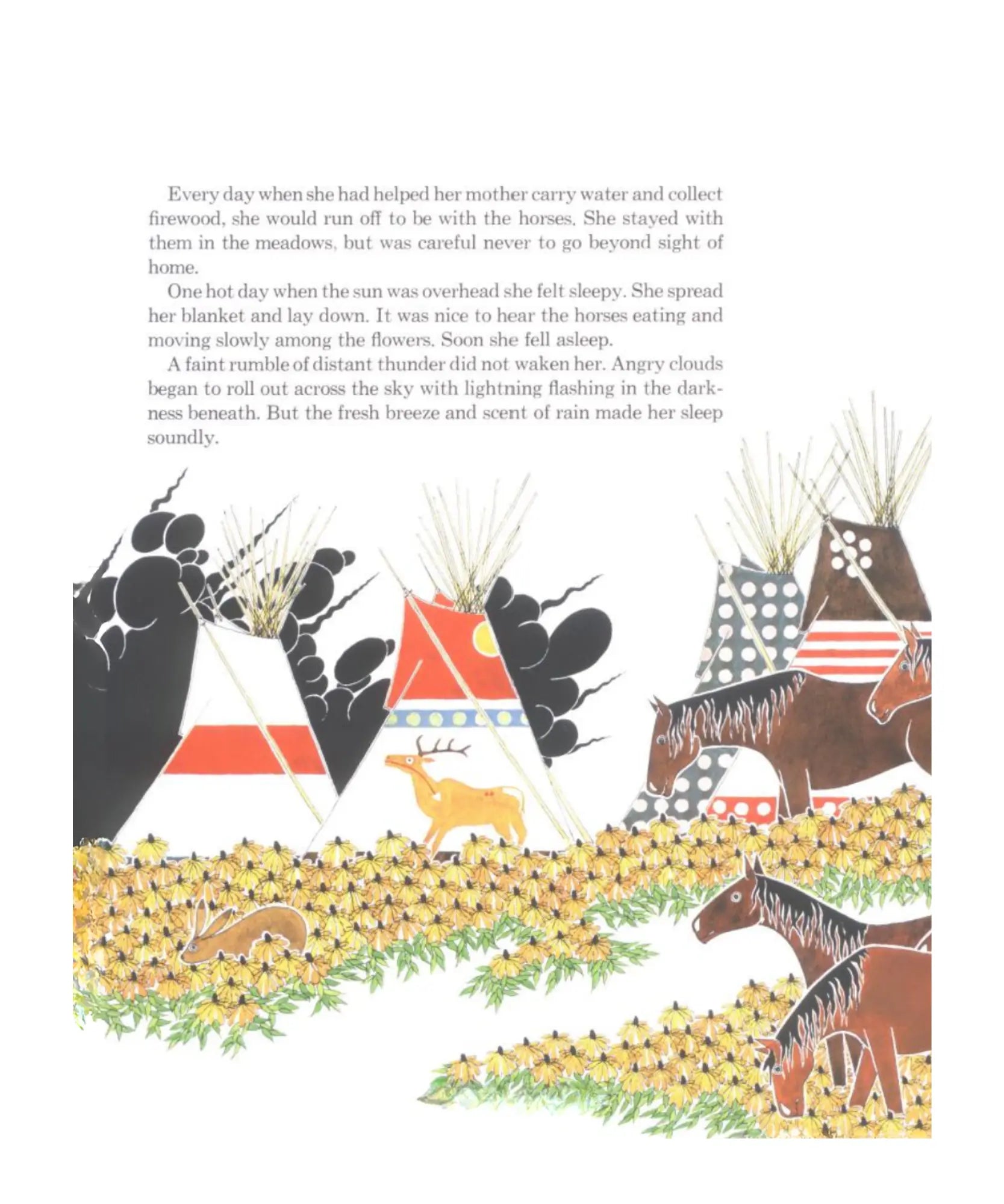 Illustrated page from a book with text and Native American-themed artwork including horses, teepees, and a landscape.