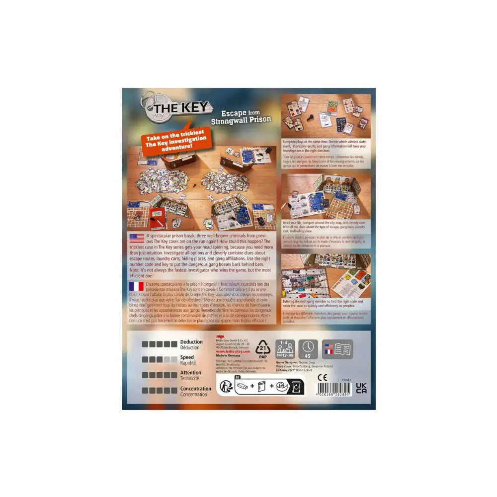 Back of The Key Escape from Strongwall Prison game box showing gameplay and clues