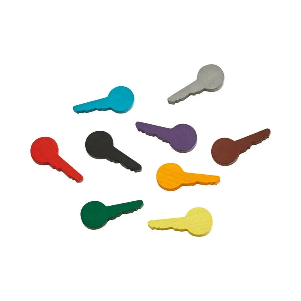 Colorful key-shaped objects on a white background