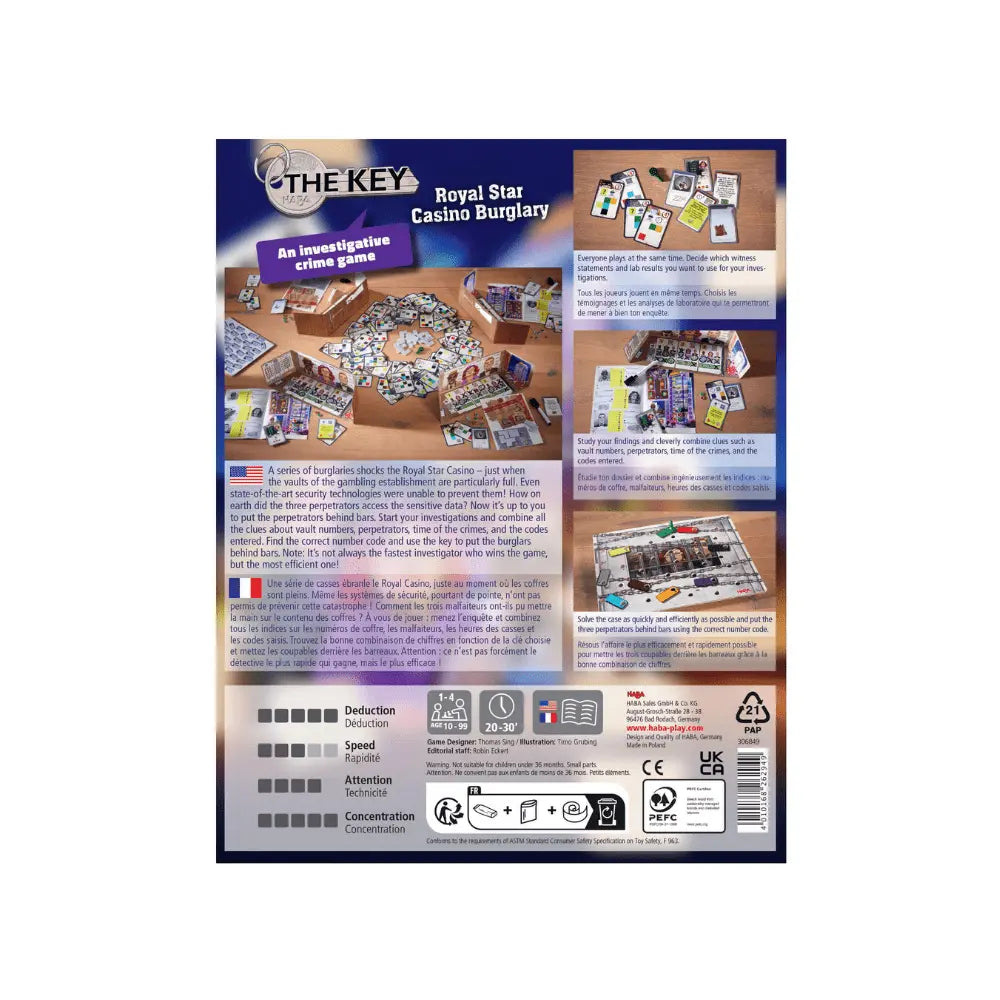 Back of The Key Royal Star Casino Burglary game box showing clues and gameplay layout