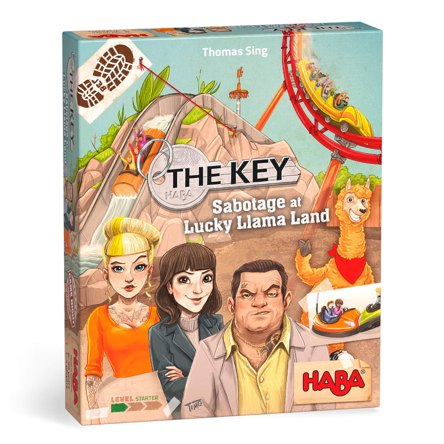 Board game box for 'The Key: Sabotage at Lucky Llama Land' by HABA with characters and llama illustration.