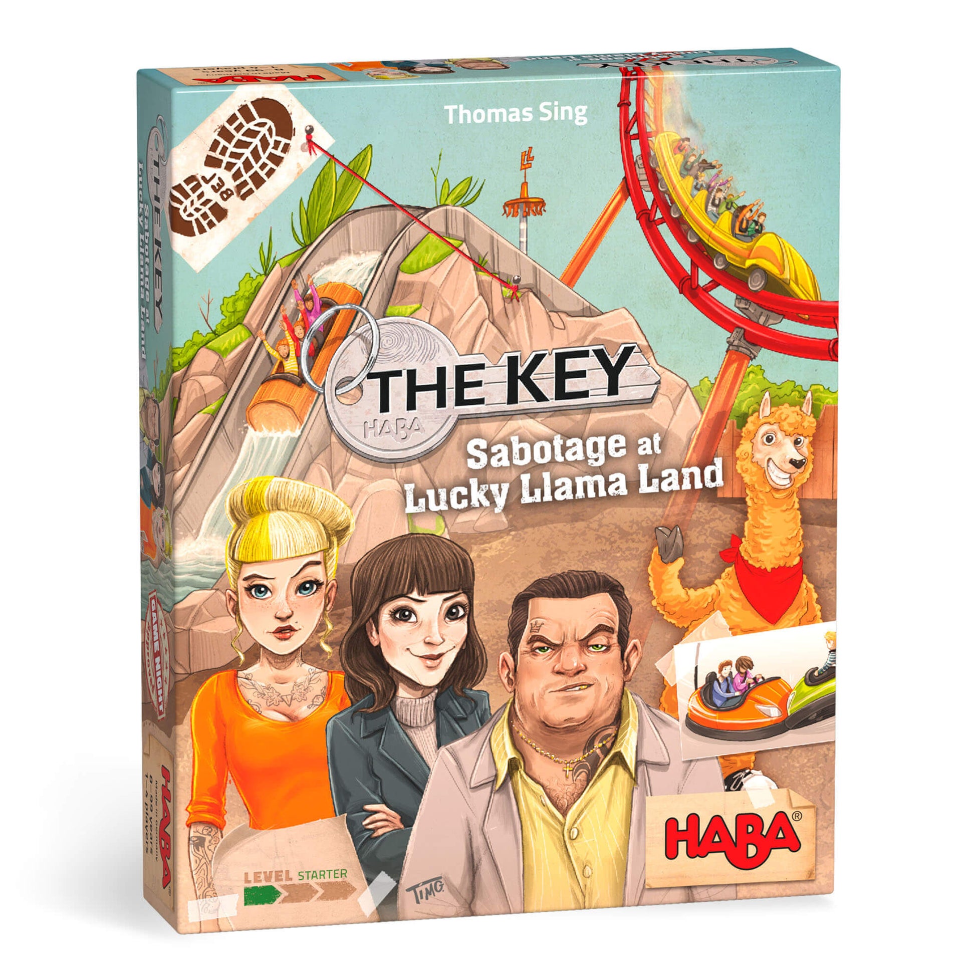 Board game box for 'The Key: Sabotage at Lucky Llama Land' by HABA with characters and llama illustration.