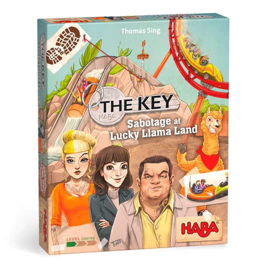 Board game box for 'The Key: Sabotage at Lucky Llama Land' by HABA with characters and llama illustration.