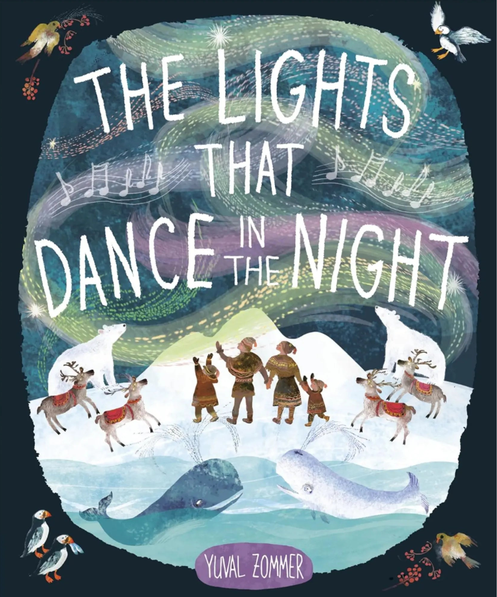 Book cover of 'The Lights That Dance in the Night' with illustrations of people, animals, and a whale.