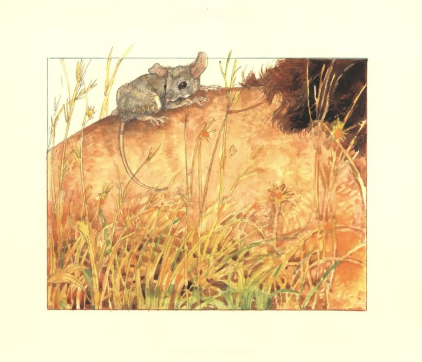 Illustration of a mouse on a lion's back with grass and flowers in the foreground