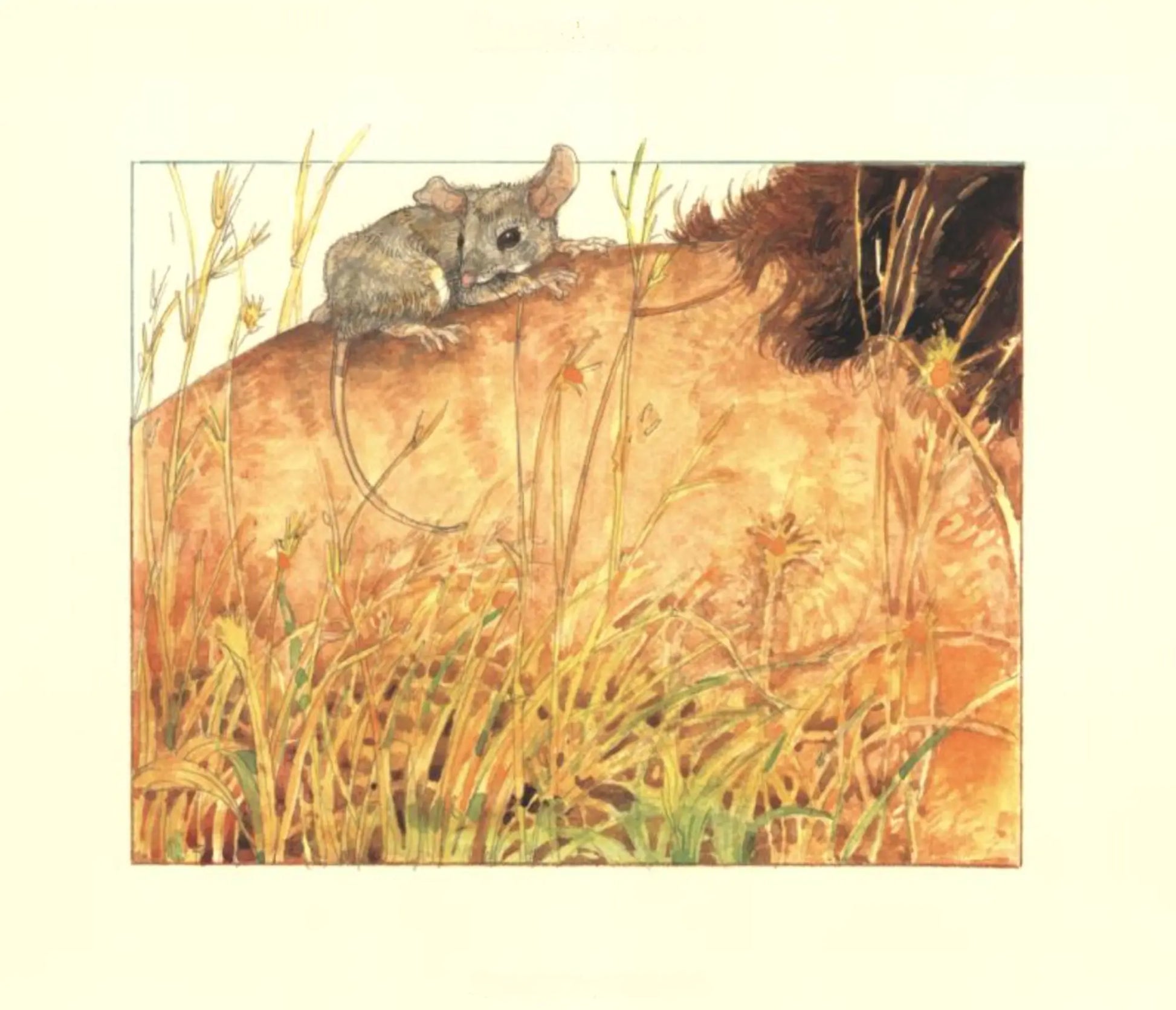 Illustration of a mouse on a lion's back with grass and flowers in the foreground