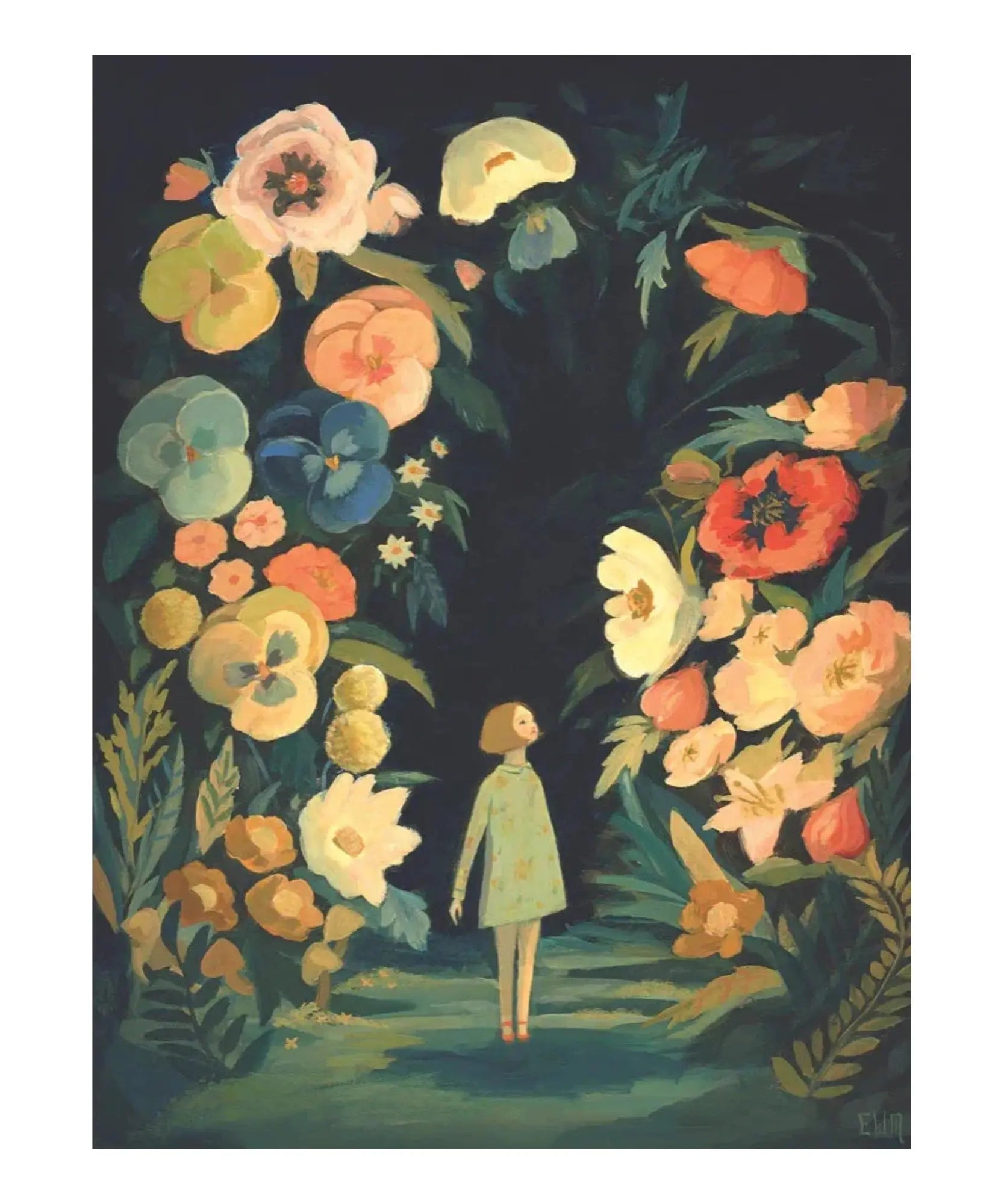 Illustration of a girl standing under a floral archway with vibrant flowers on a dark background