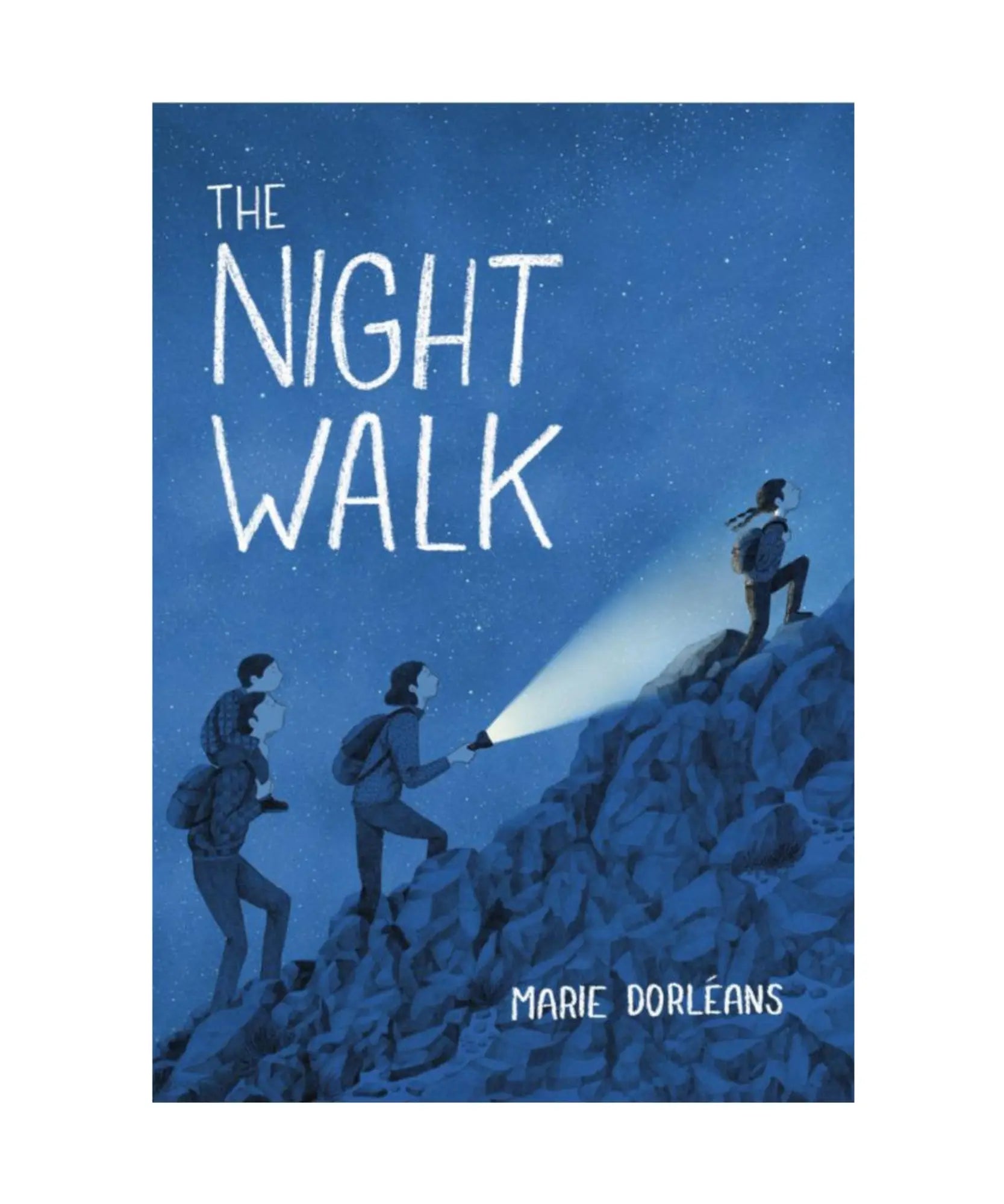 Book cover of The Night Walk showing a family walking up a hill at night with flashlights