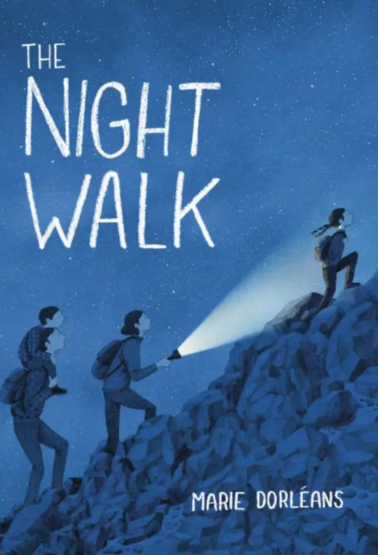 Book cover of 'The Night Walk' with people climbing a mountain under a blue night sky.