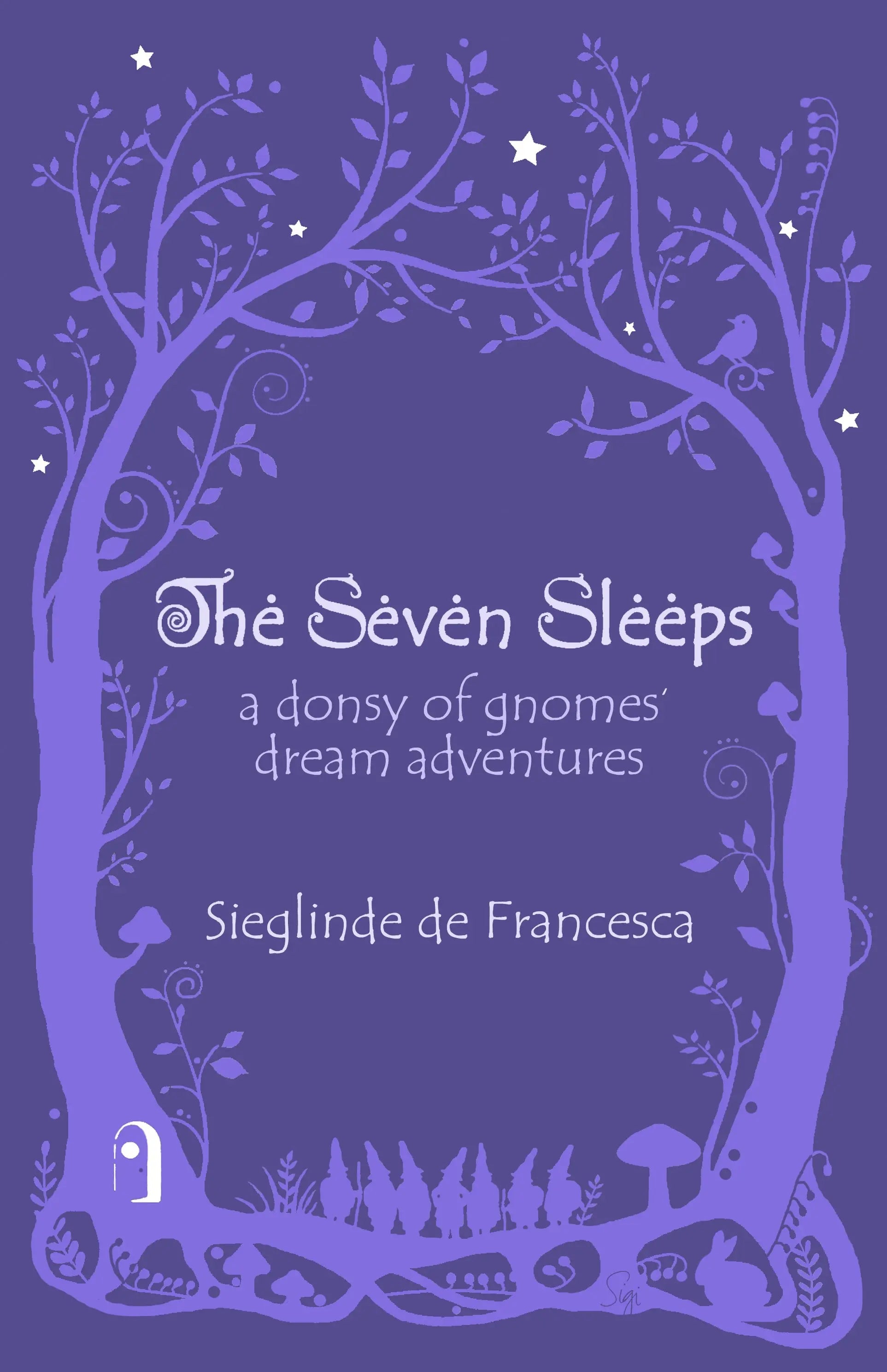 Book cover of 'The Seven Sleeeps' with a purple tree design and text.