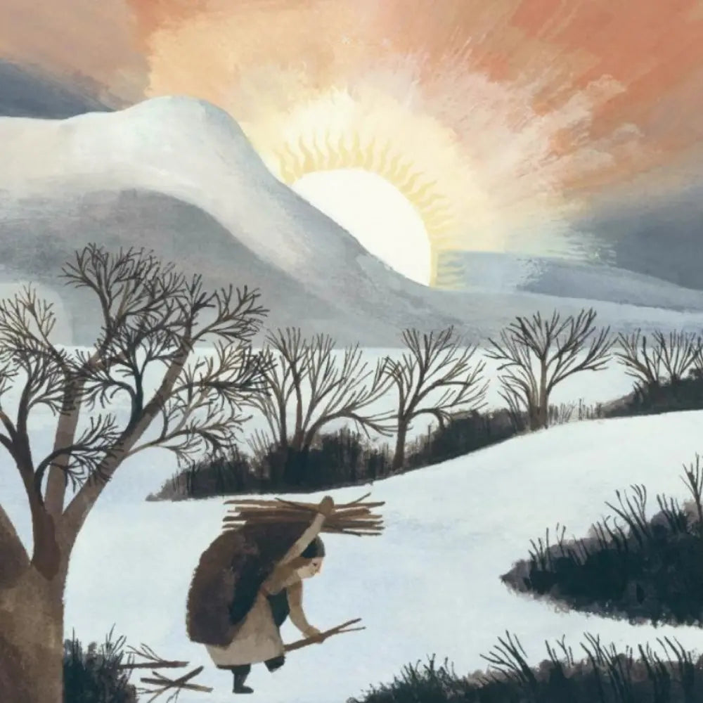 Winter landscape with a person carrying wood, mountains, and a sunset.