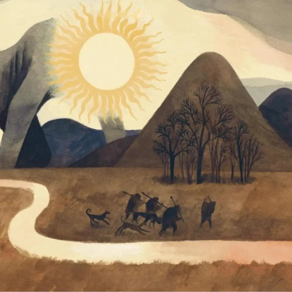 Artistic depiction of a group of people with dogs in a landscape under a large sun.