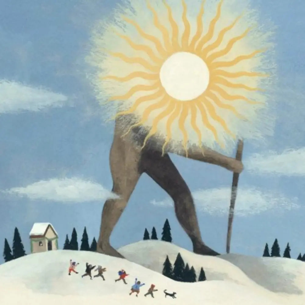 Illustration of a giant figure holding a sun above a small village on a snowy landscape.