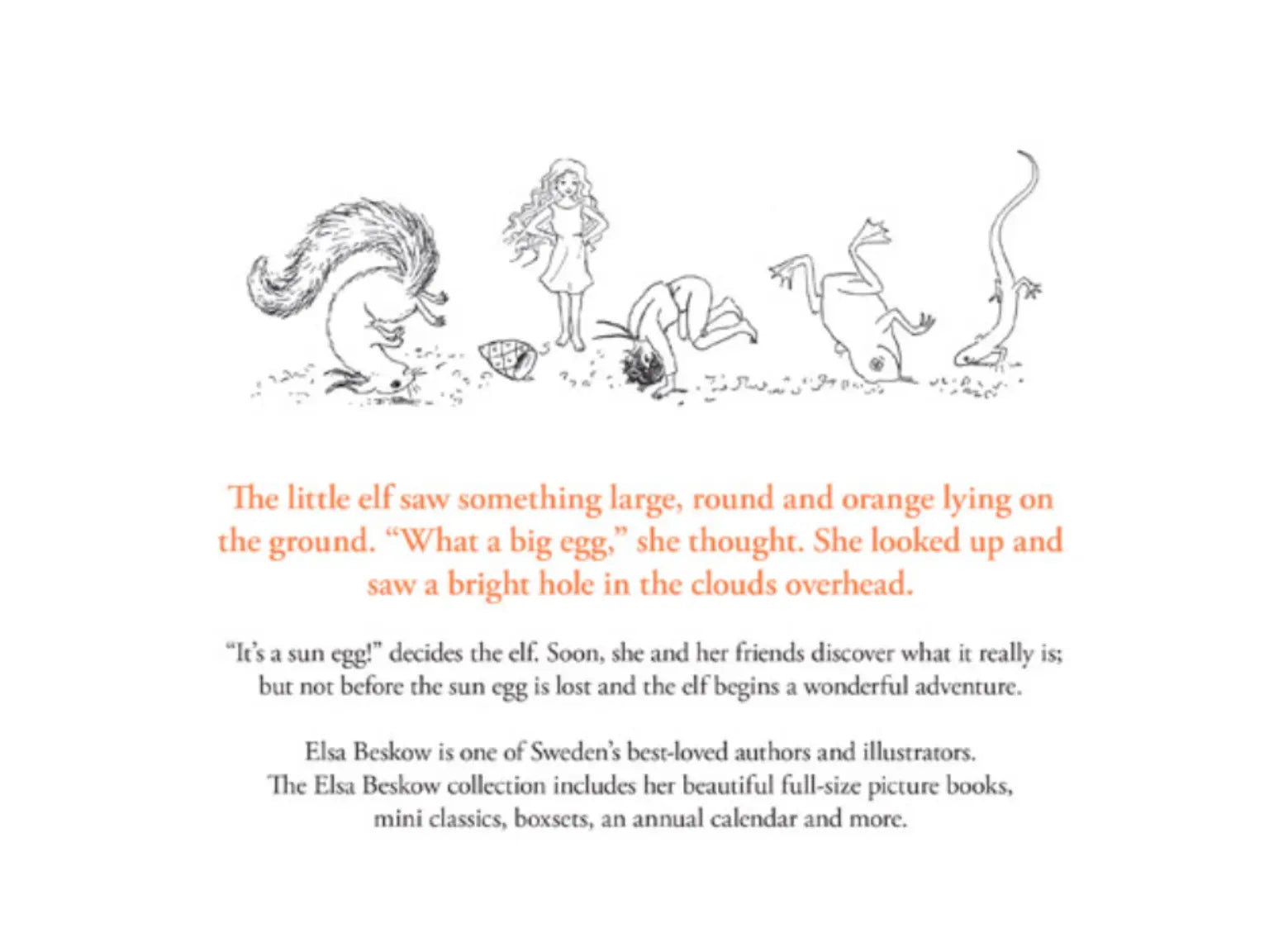 Illustration of a sun and characters with text about an egg and sun egg adventure, featuring Elsa Beskow's work.