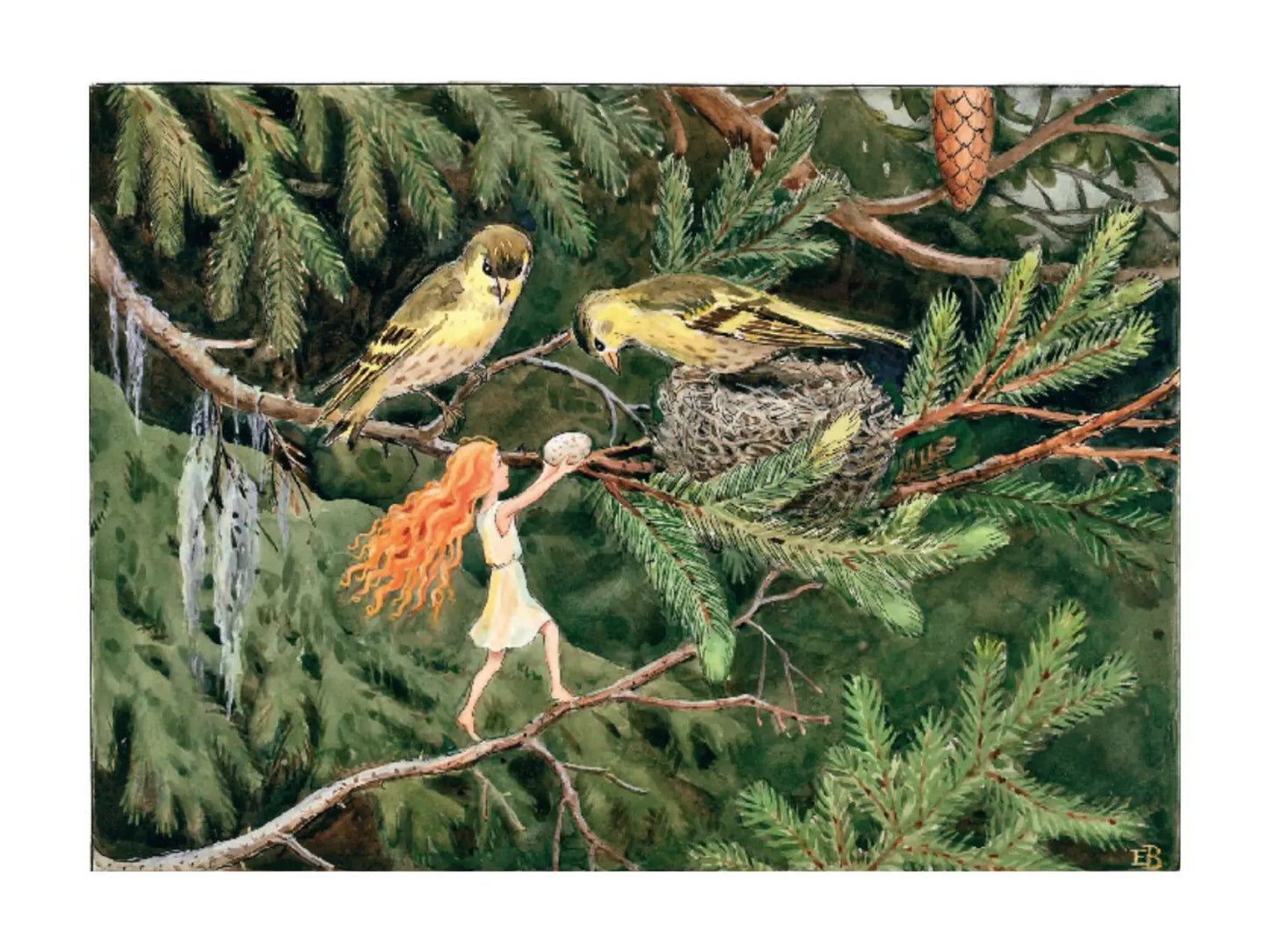 Illustration of a fairy with red hair interacting with birds and a nest in a tree.