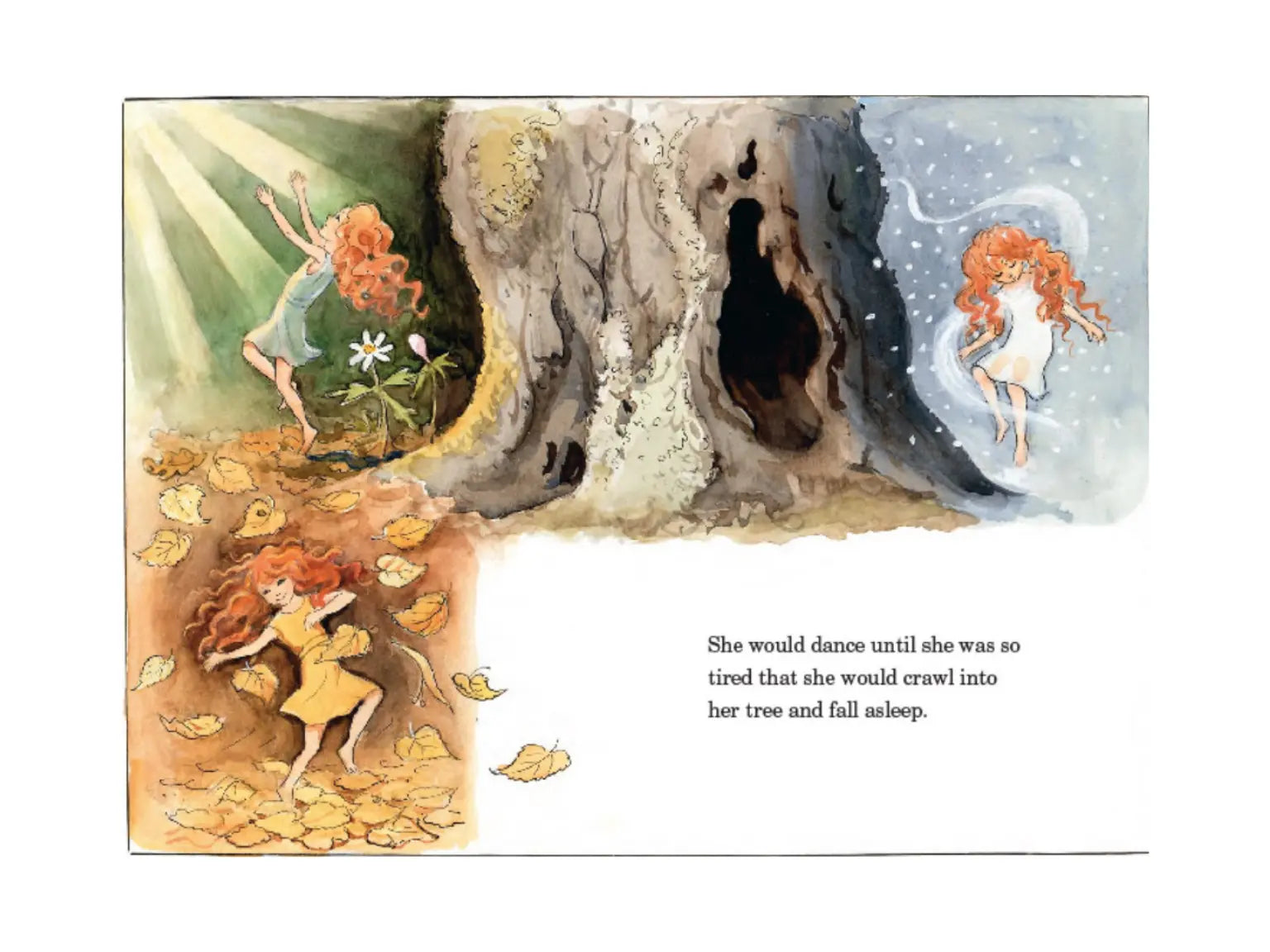 Illustration of fairies around a tree with text about a fairy dancing until she falls asleep.