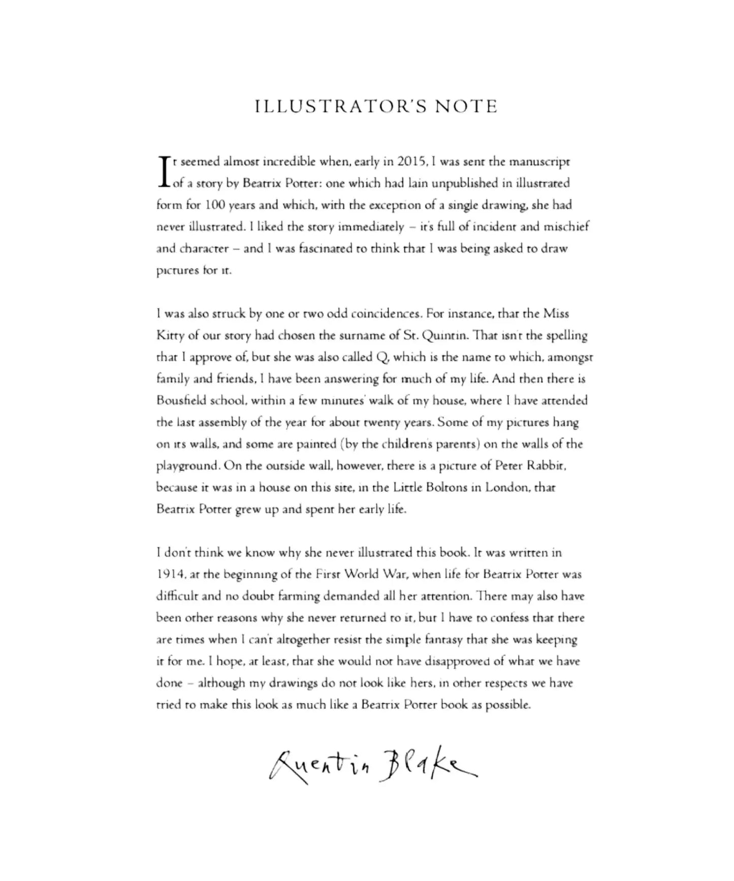 Illustrator’s note by Quentin Blake in The Tale of Kitty-in-Boots
