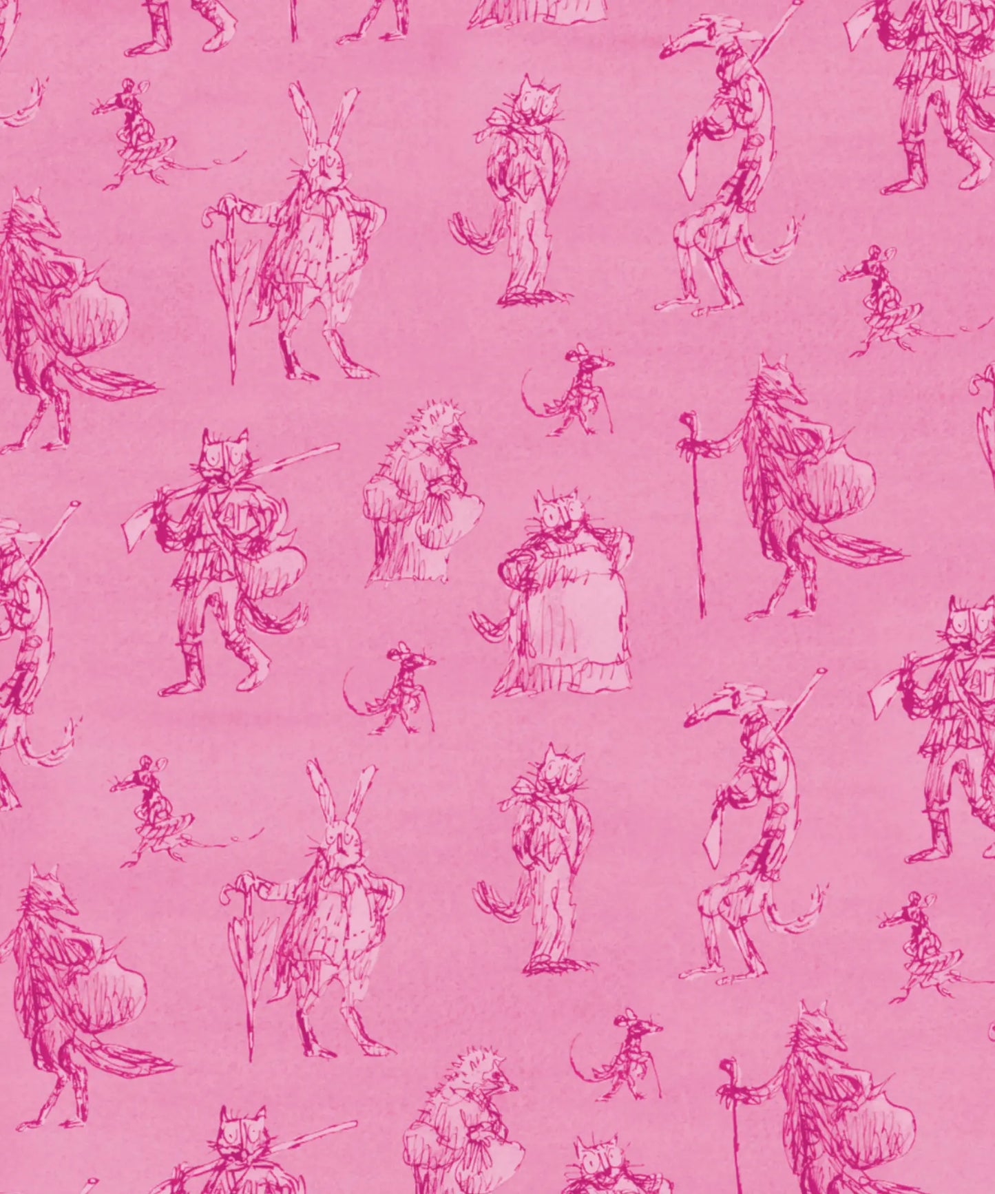 Pink illustrated endpaper from The Tale of Kitty-in-Boots with Quentin Blake character sketches