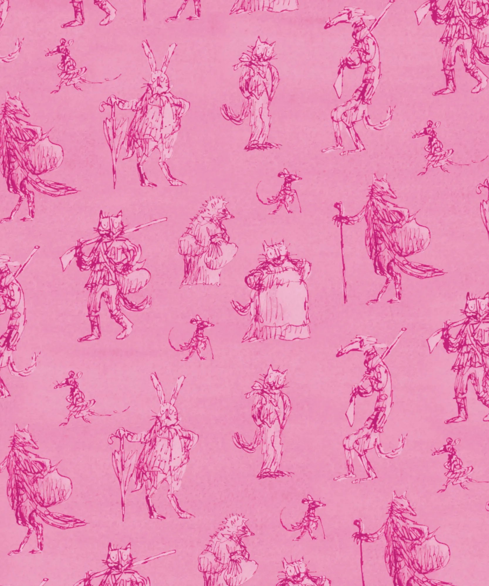 Pink illustrated endpaper from The Tale of Kitty-in-Boots with Quentin Blake character sketches