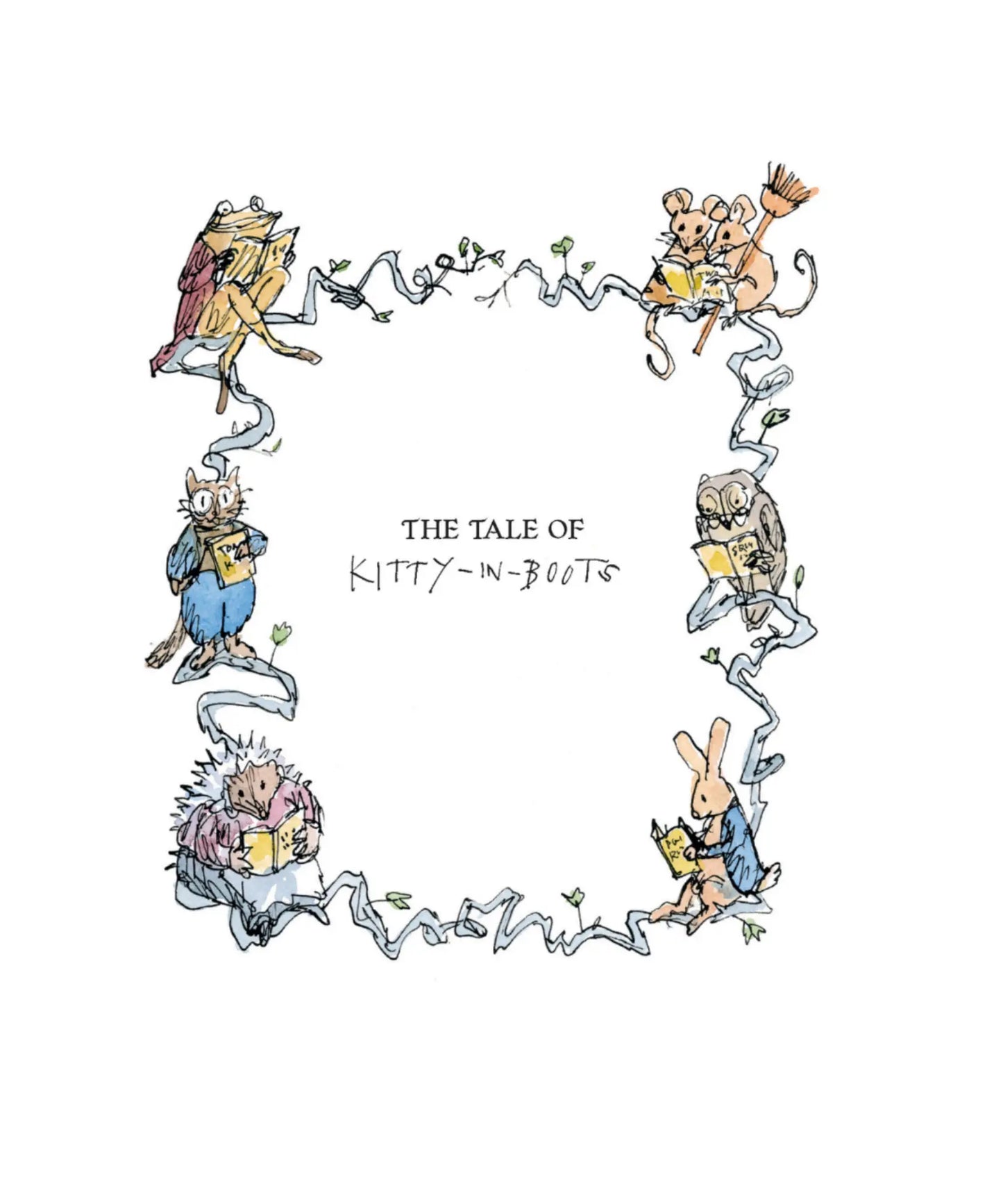 Illustrated title page from The Tale of Kitty-in-Boots with Quentin Blake character drawings