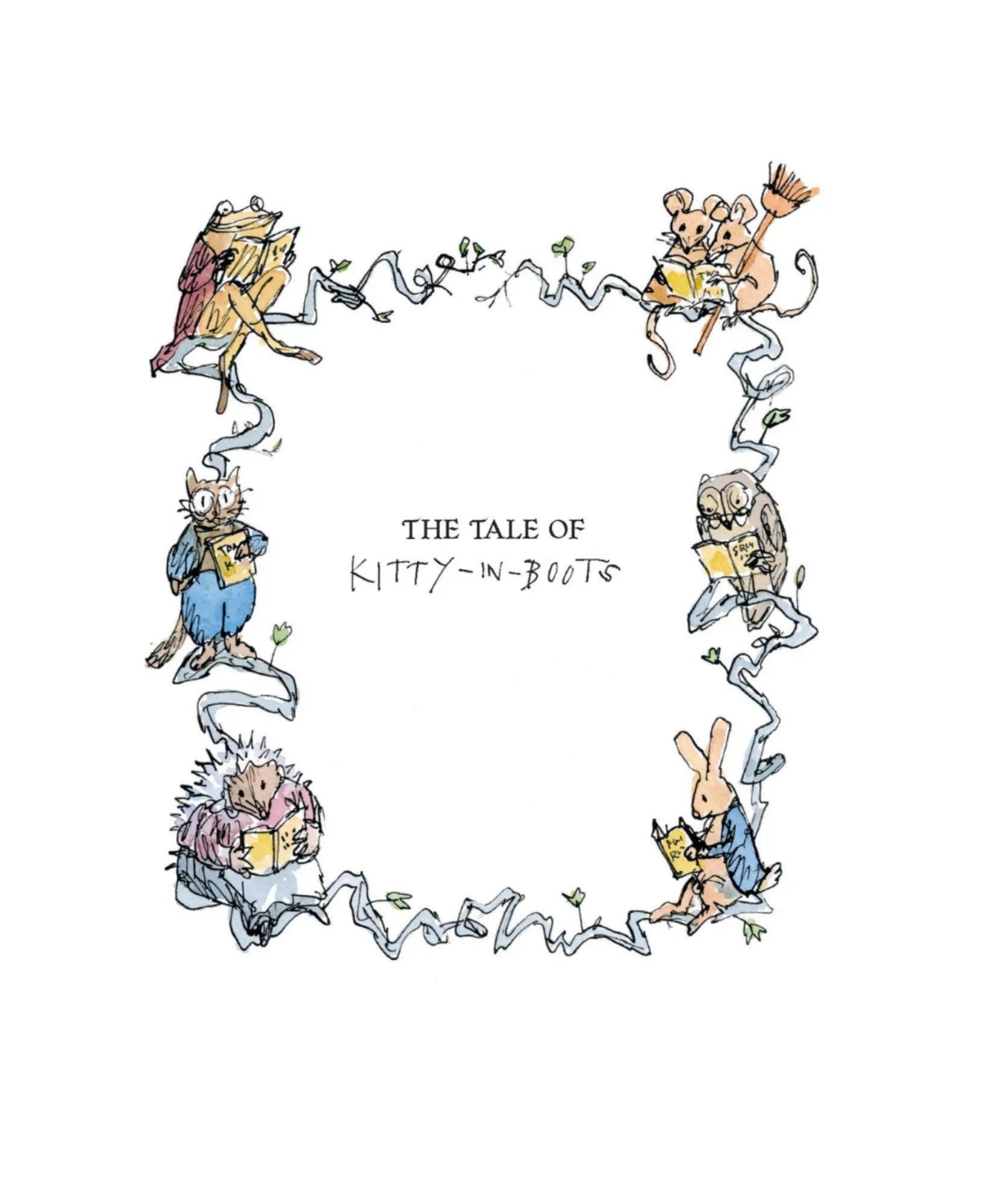 Illustrated title page from The Tale of Kitty-in-Boots with Quentin Blake character drawings
